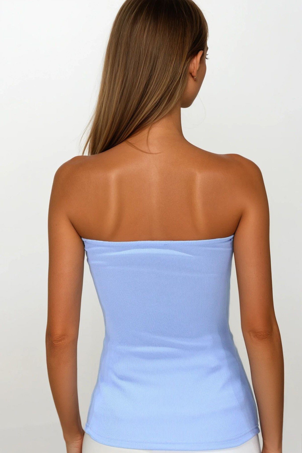 Mavi Straplez Düğme Detaylı Yırtmaçlı Ottoban Bluz