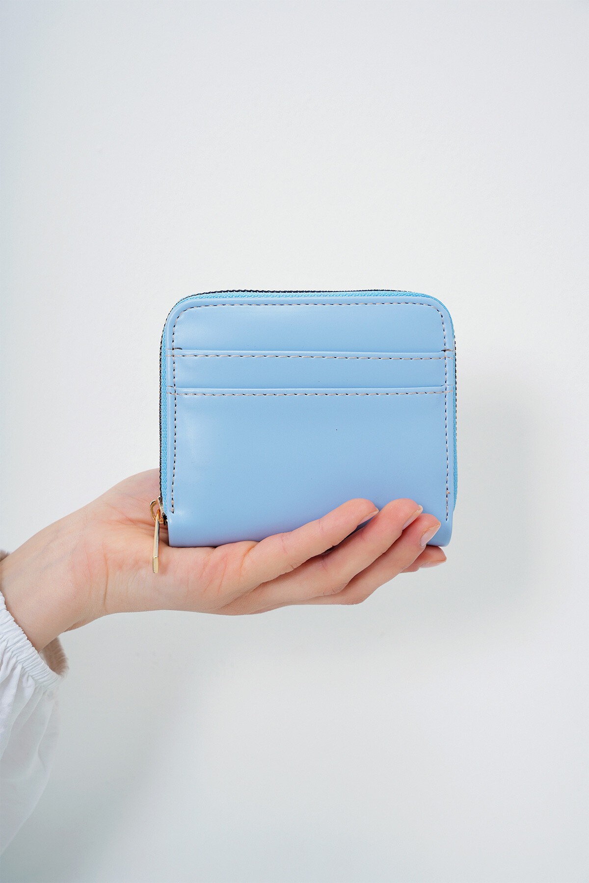 Mavi Suni Deri Fermuarlı Kart Bölmeli Şık Yumuşak Deri Cüzdan