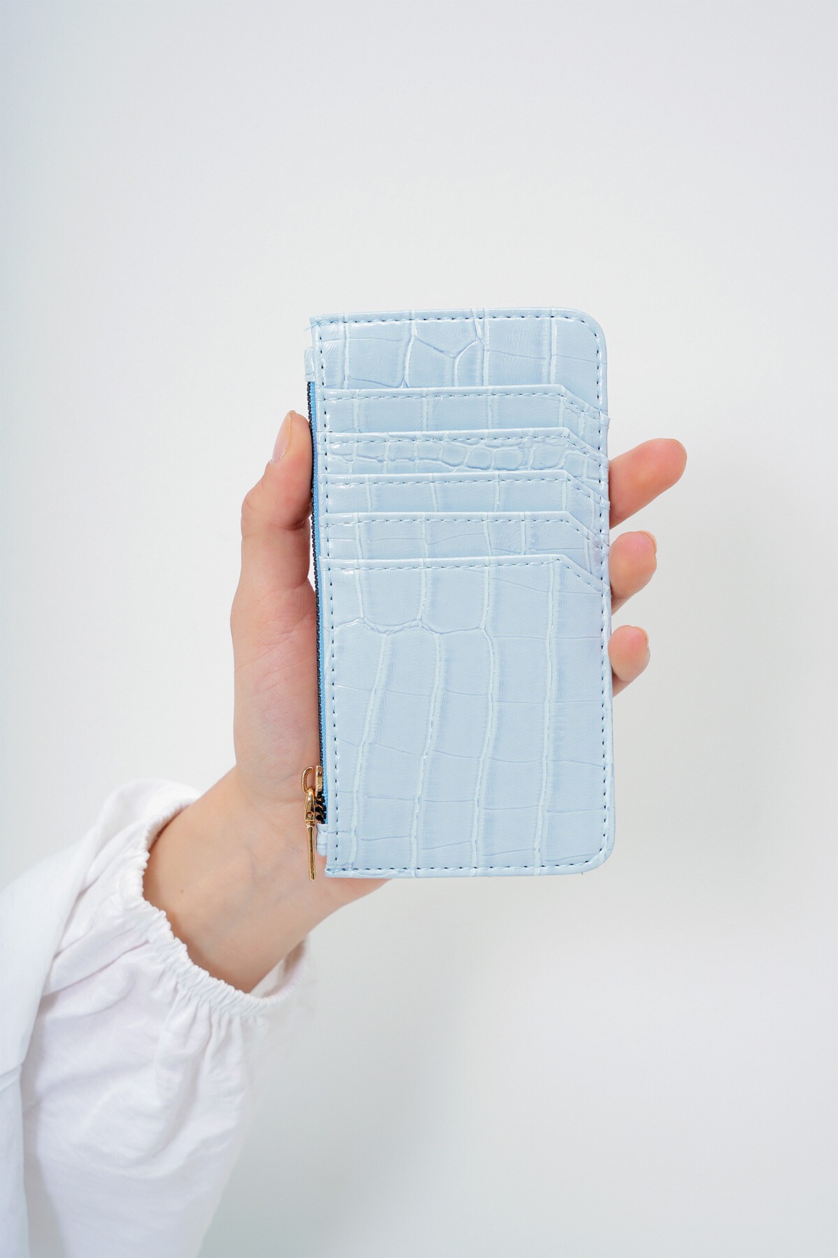 Mavi Suni Deri Fermuarlı Para Bölmeli Croco Desen İnce Kartlık