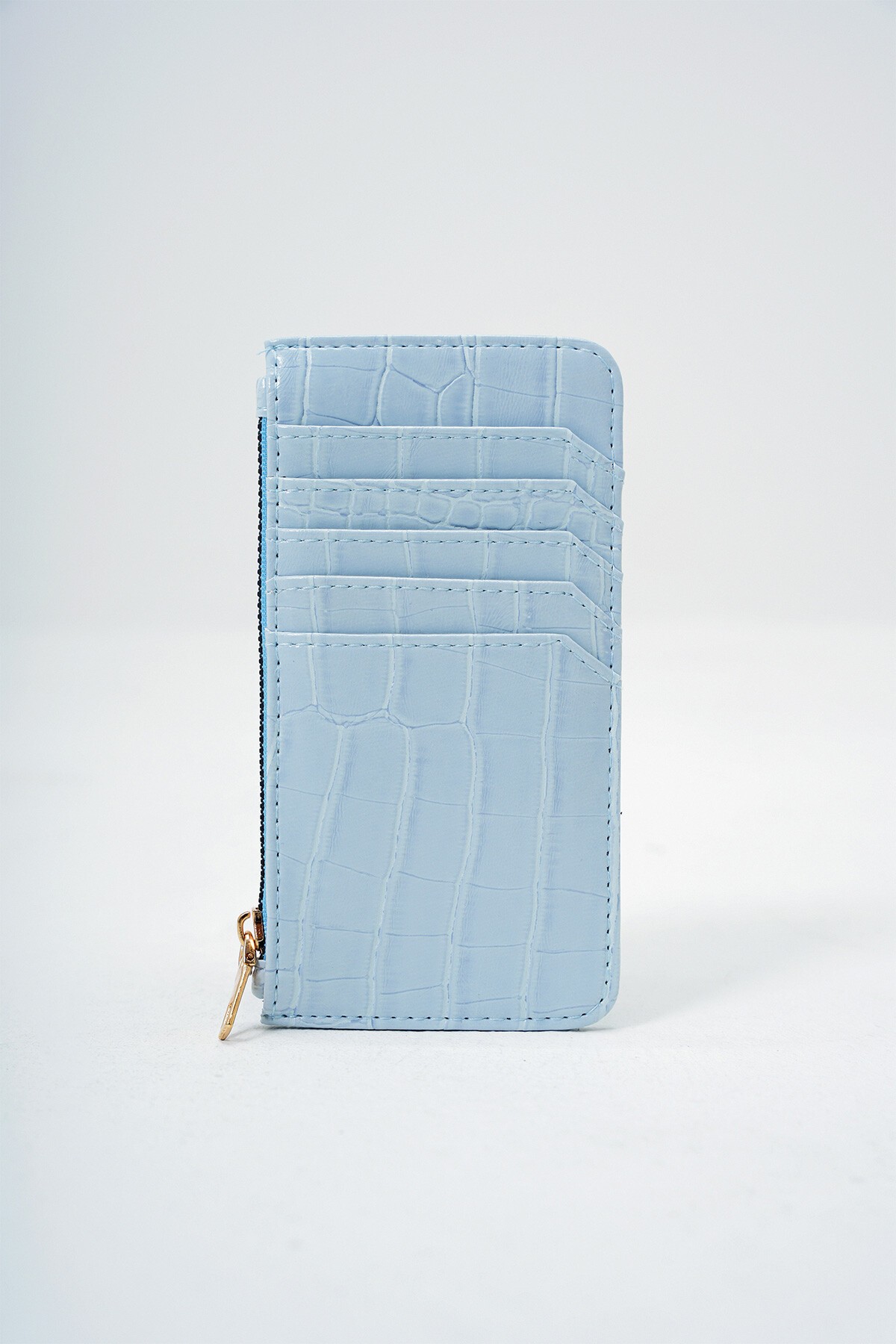 Mavi Suni Deri Fermuarlı Para Bölmeli Croco Desen İnce Kartlık