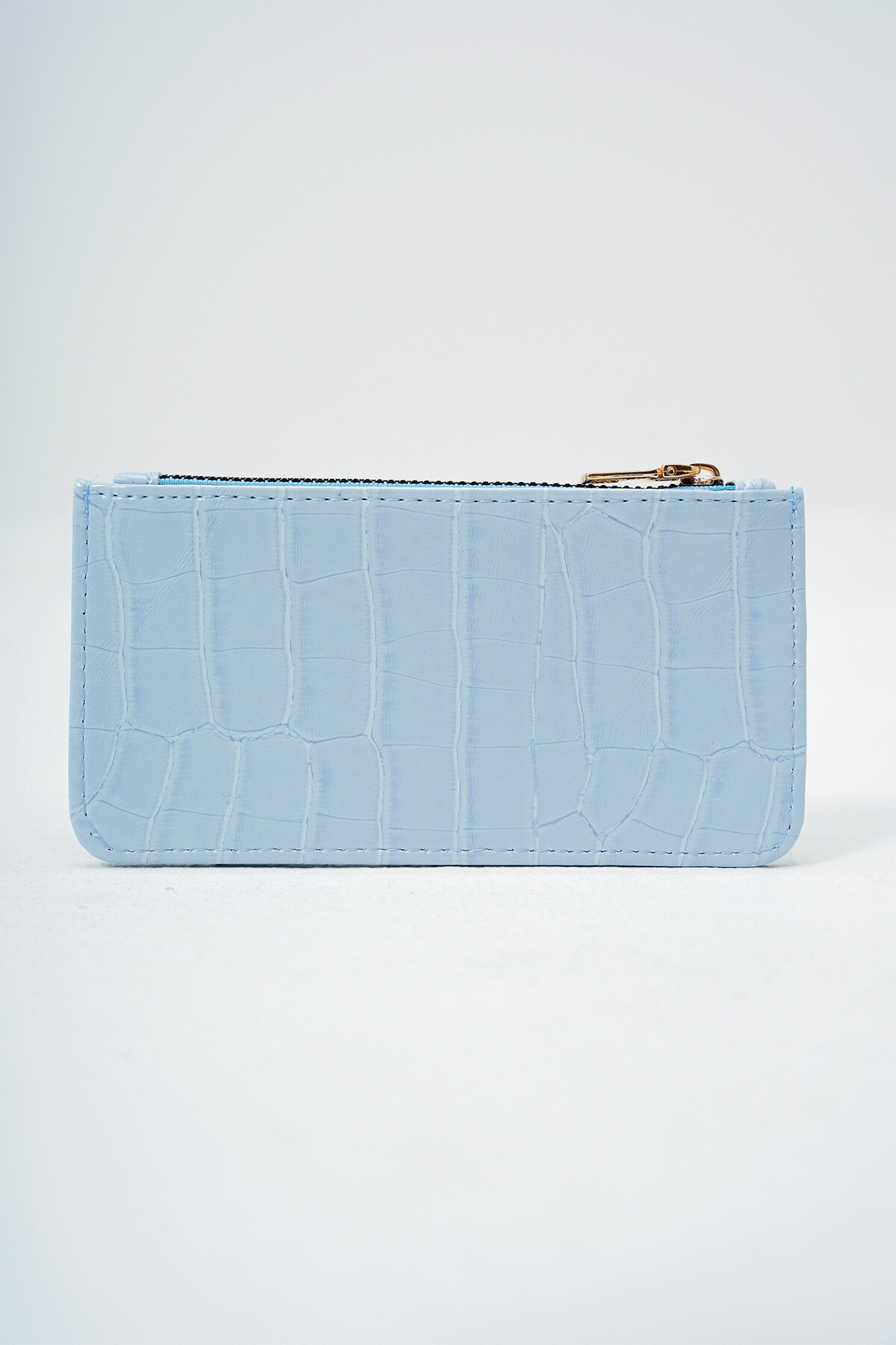 Mavi Suni Deri Fermuarlı Para Bölmeli Croco Desen İnce Kartlık