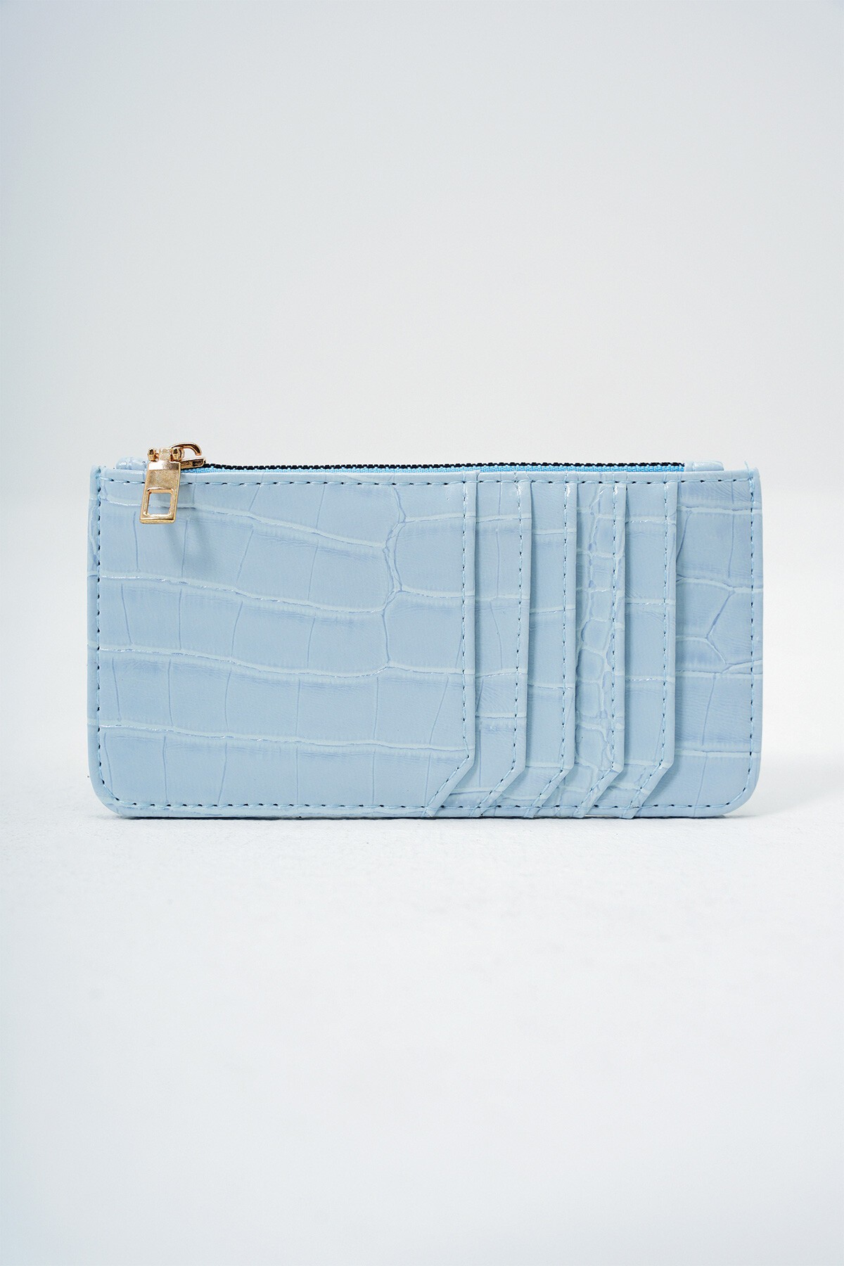 Mavi Suni Deri Fermuarlı Para Bölmeli Croco Desen İnce Kartlık