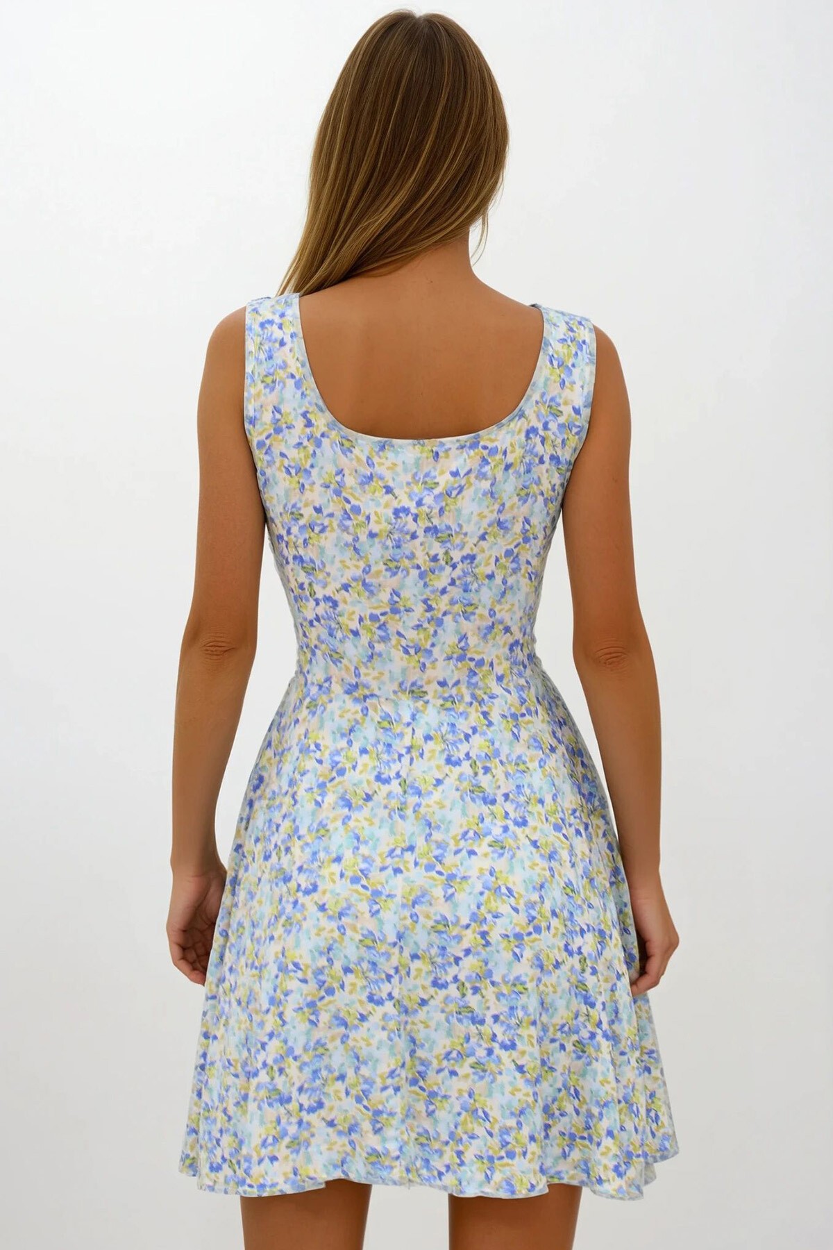 Mavi U Yaka Fermuar Kapamalı Pileli Şortlu Elbise