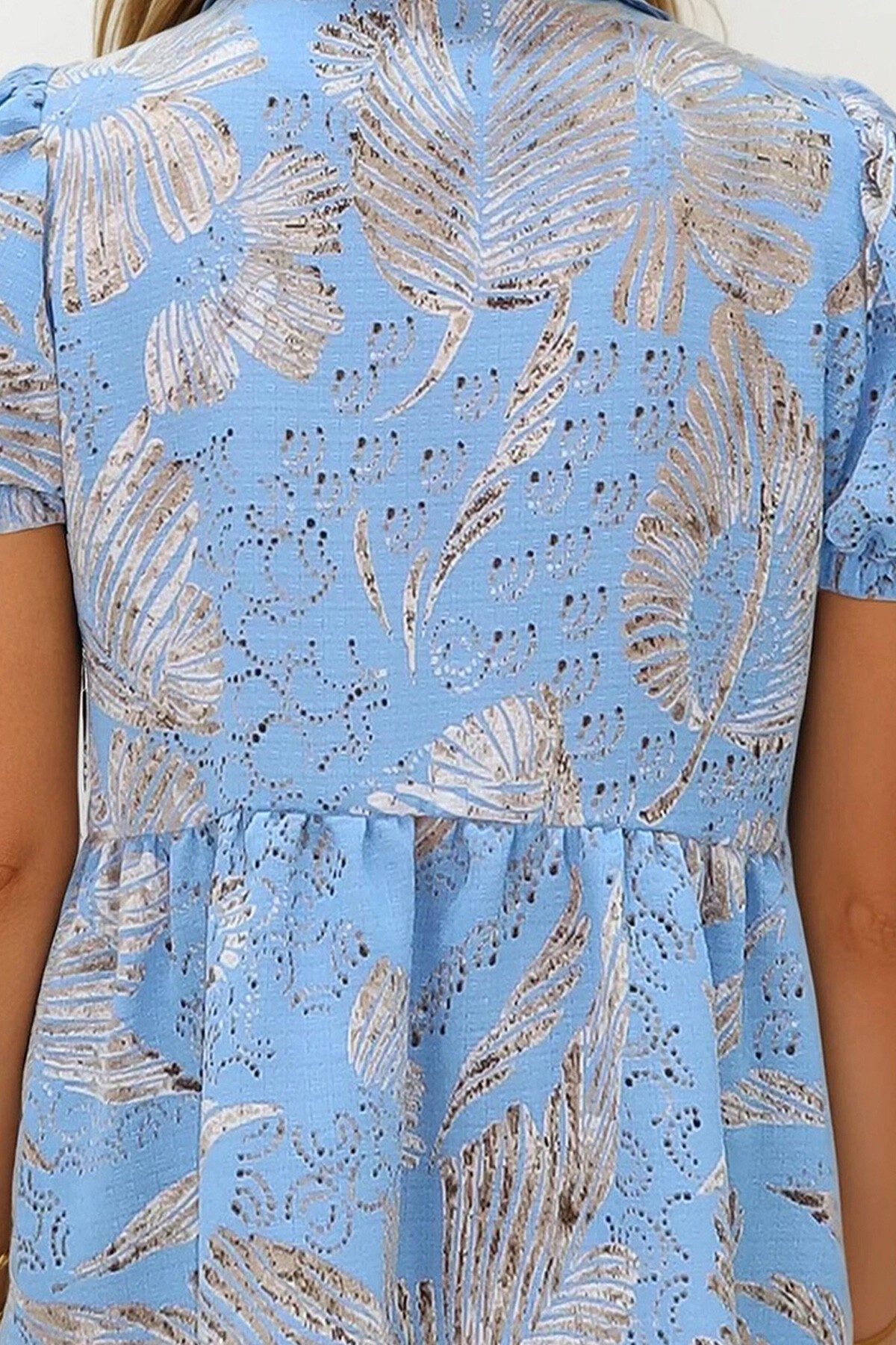 Mavi V Yaka Karpuz Kol Desenli Eteği Volanlı Dokuma Bluz