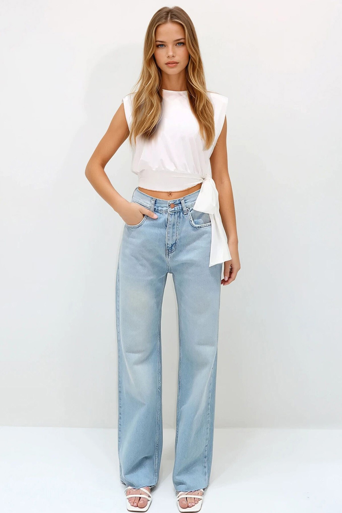 Mavi Yüksek Bel Beş Cepli Palazzo Jean Pantolon