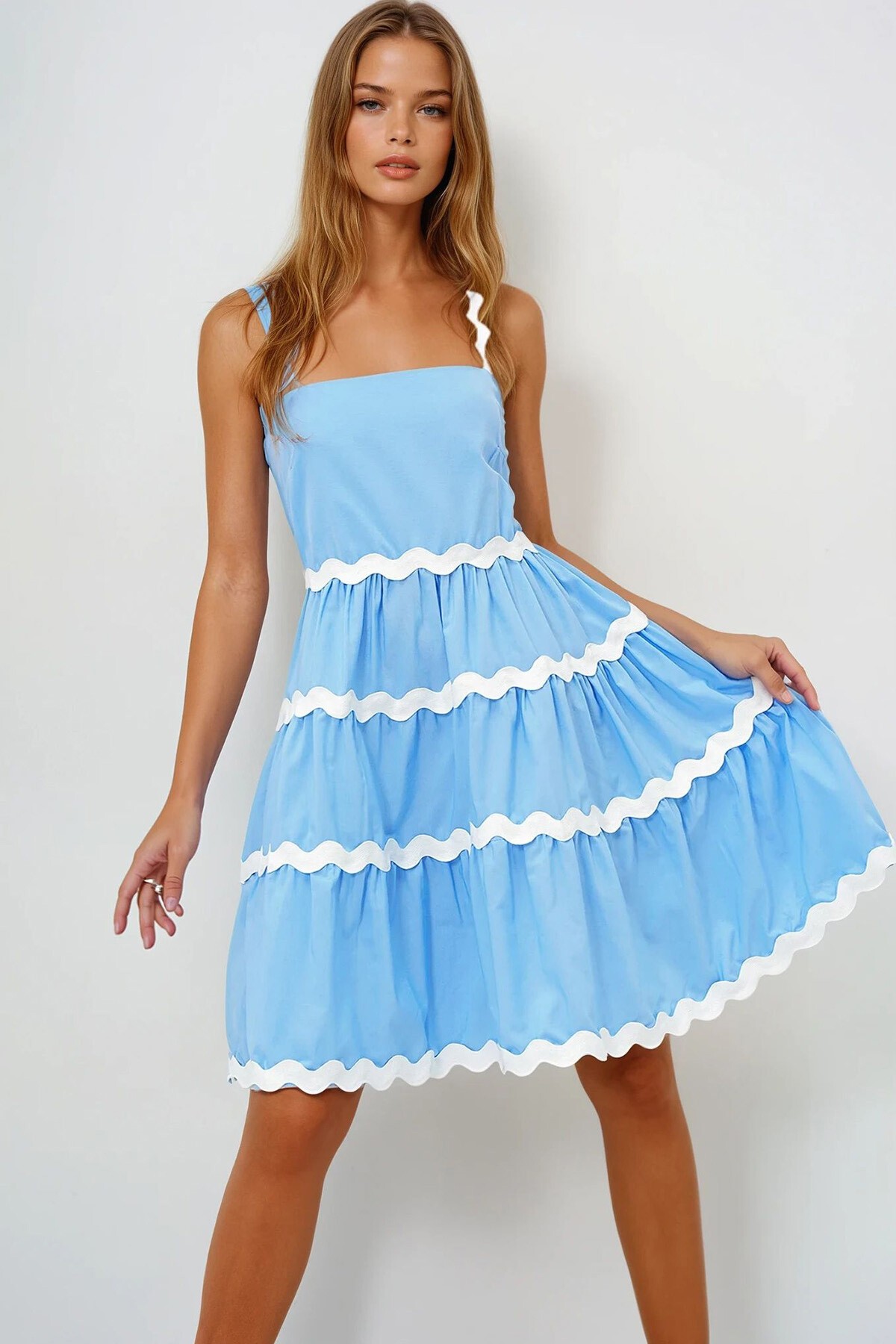 Mavi Zigzag Şerit Detaylı Gizli Fermuarlı Poplin Balon Elbise