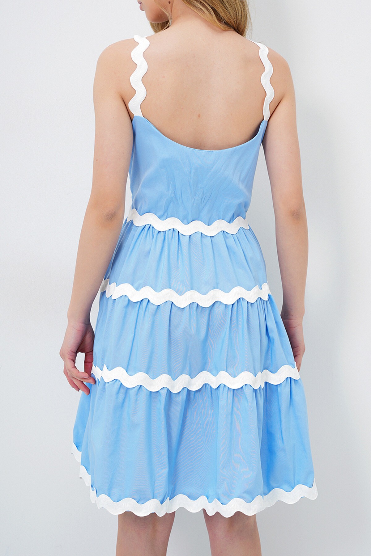 Mavi Zigzag Şerit Detaylı Gizli Fermuarlı Poplin Balon Elbise