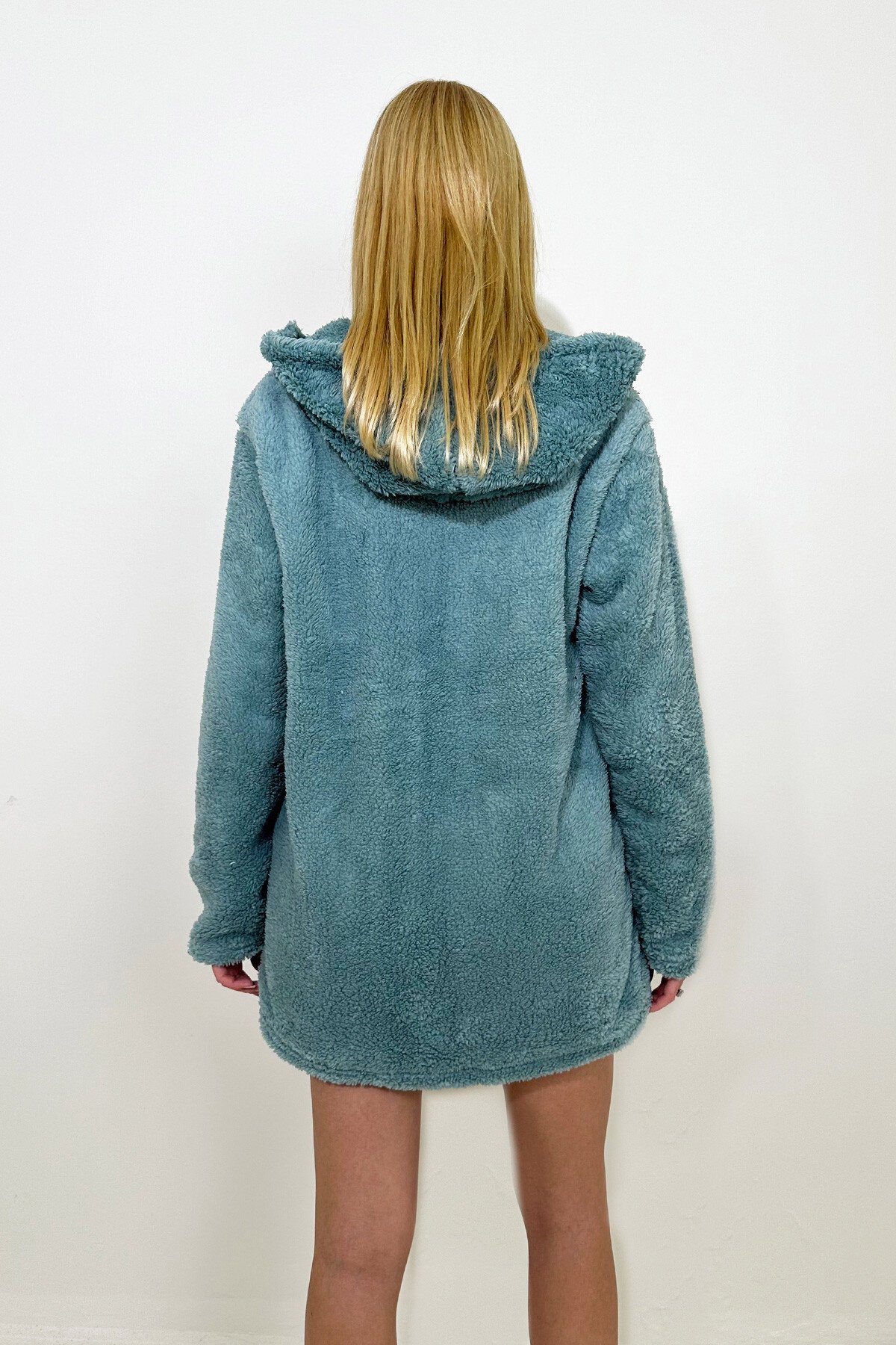 Mint Kapüşonlu Önü Fermuarlı Çift Cepli Oversize Peluş Sweatshirt