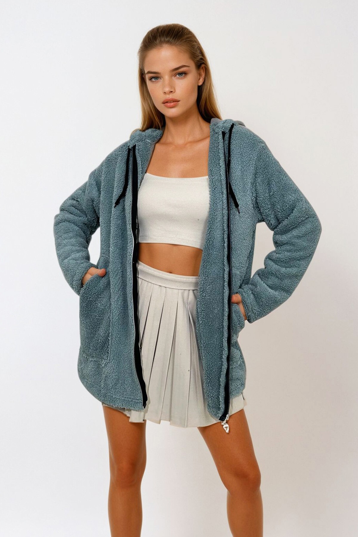 Mint Kapüşonlu Önü Fermuarlı Çift Cepli Oversize Peluş Sweatshirt