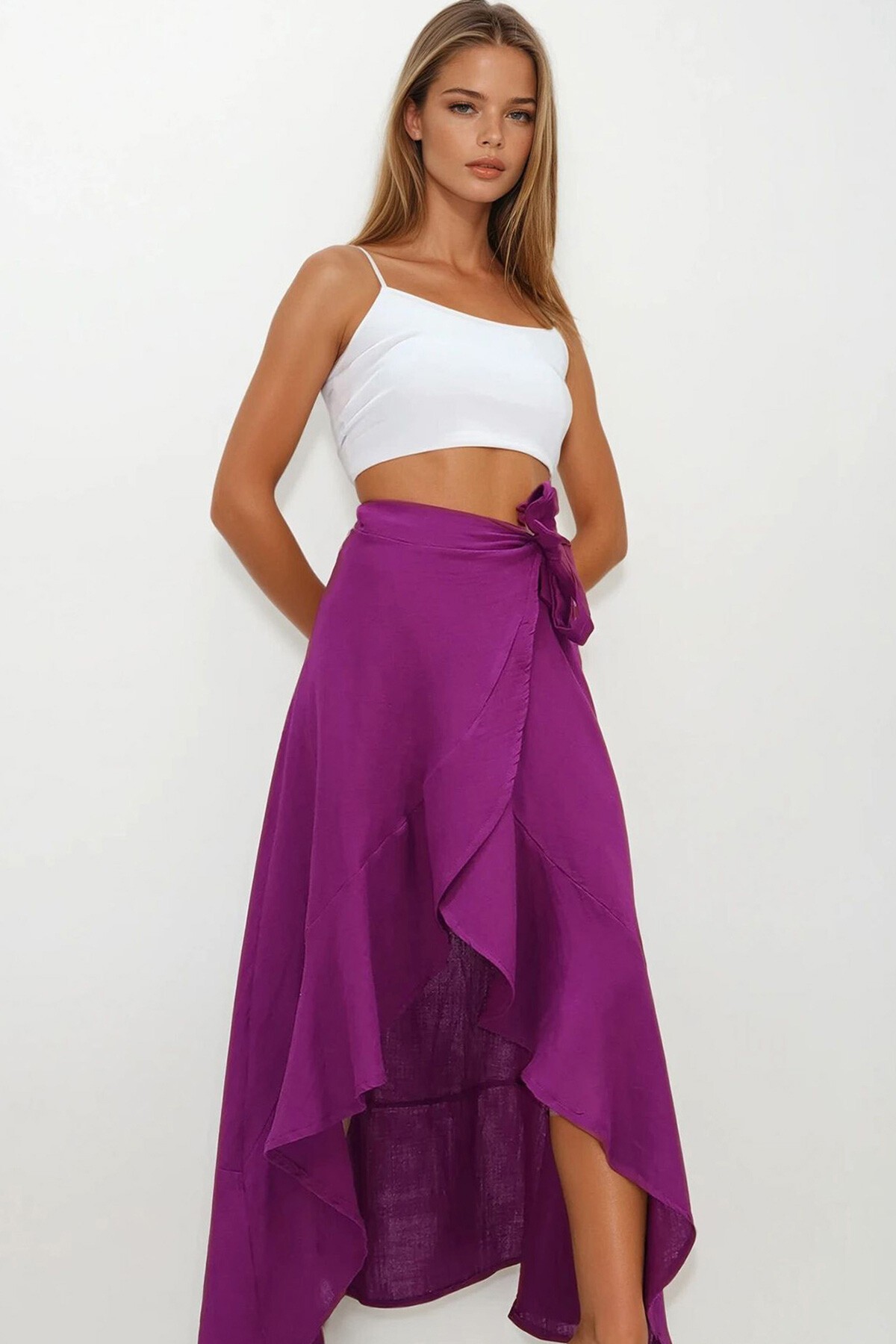 Mor Asimetrik Kesim Düğme Kapamalı Müslin Etek