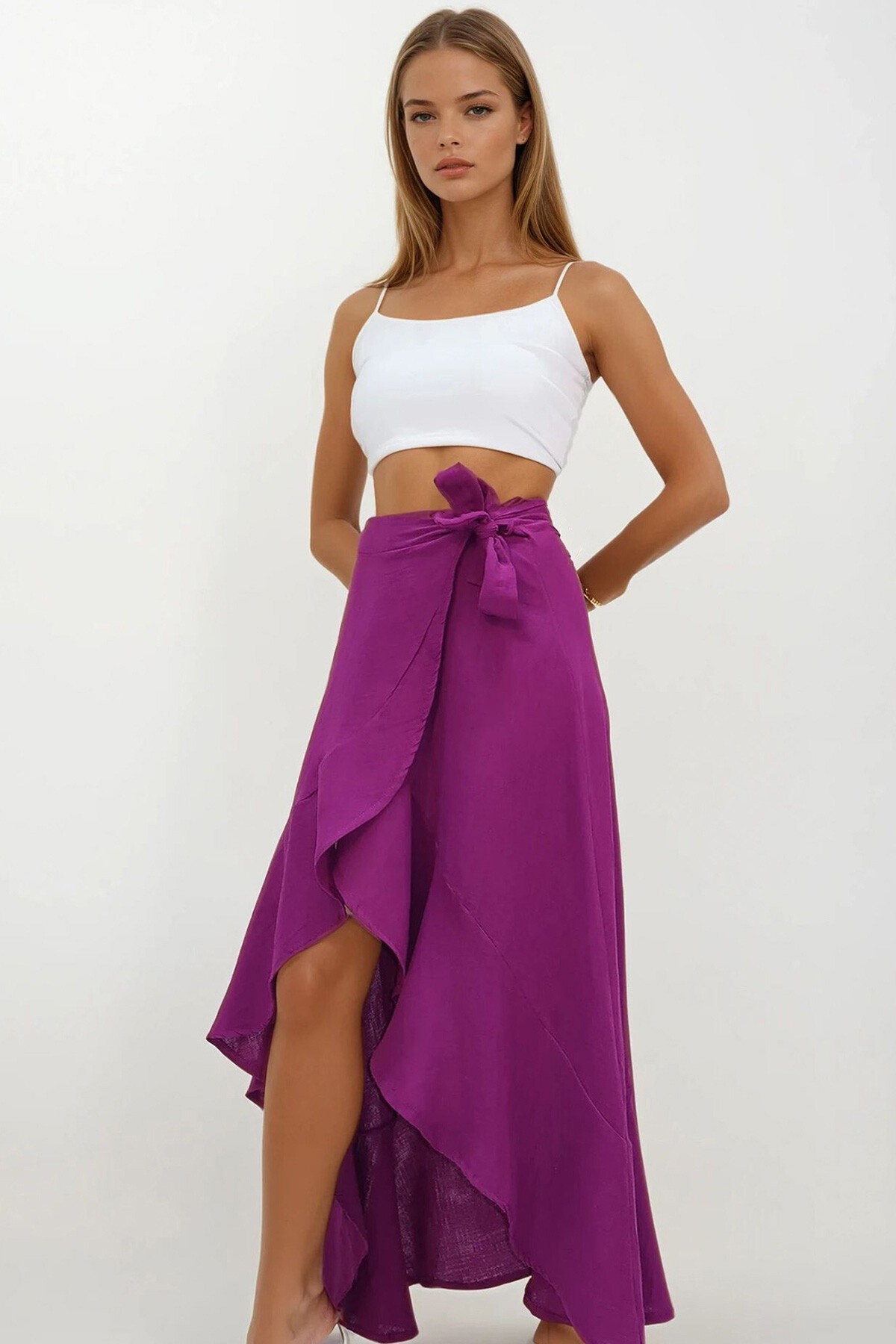 Mor Asimetrik Kesim Düğme Kapamalı Müslin Etek