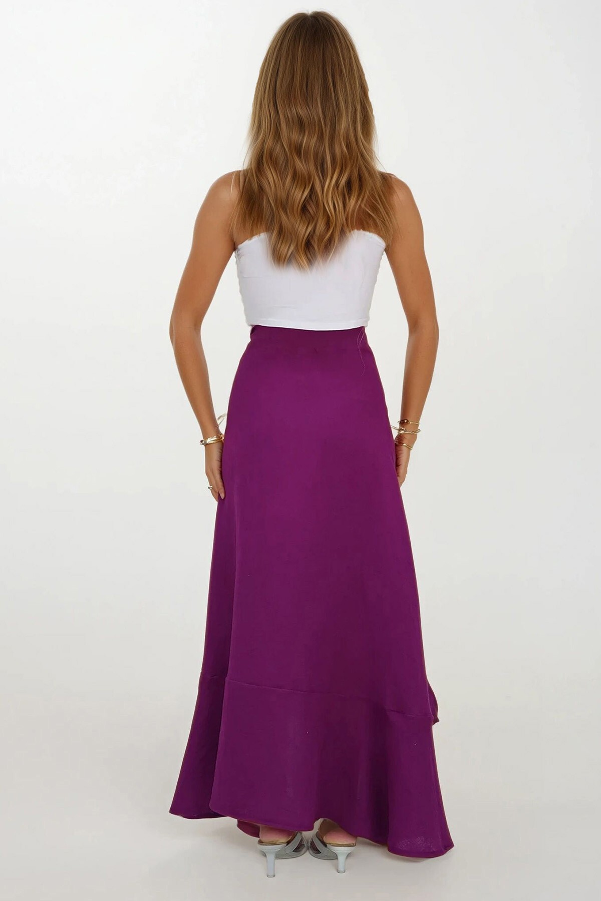 Mor Asimetrik Kesim Düğme Kapamalı Müslin Etek