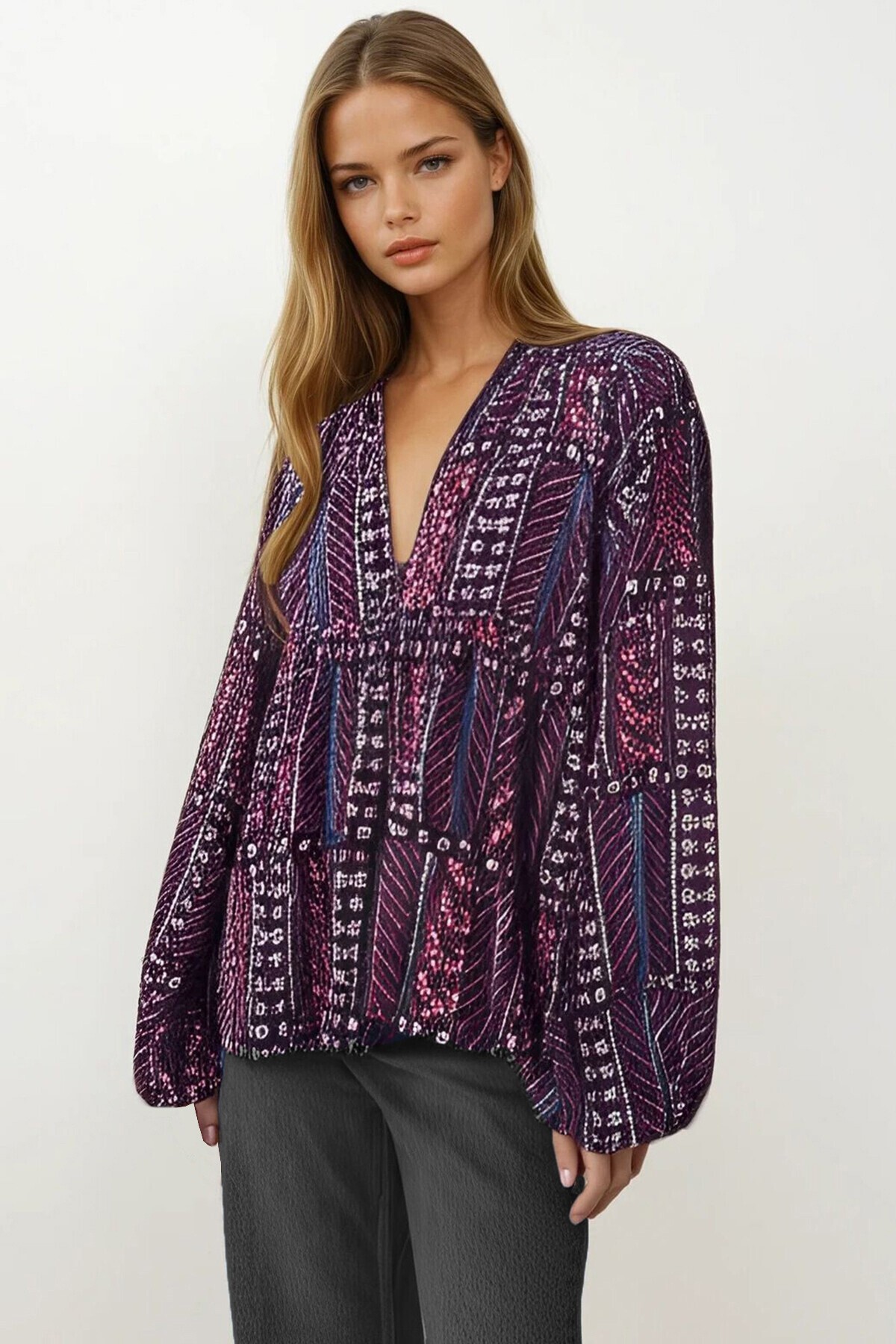 Mor Derin V Yaka Eteği Volanlı Balon Kol Bluz