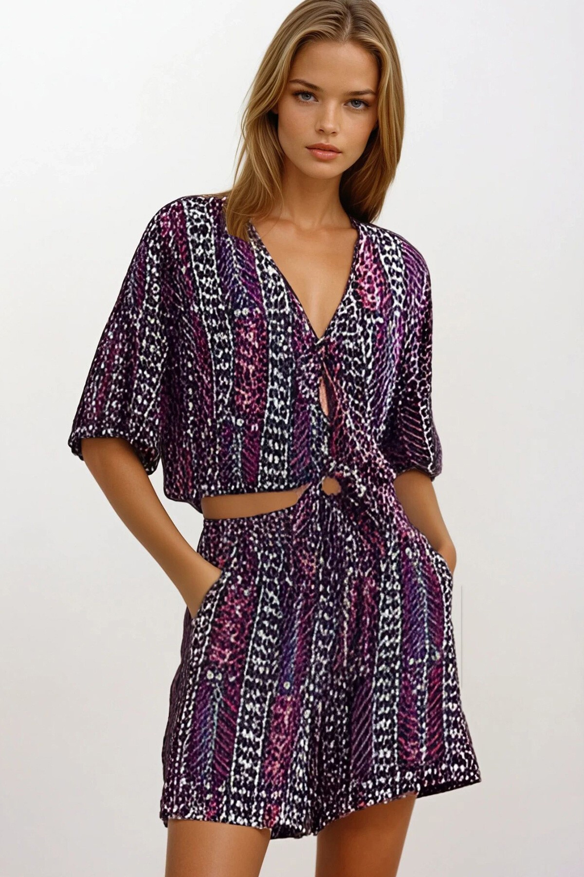 Mor Etnik Desenli Bağlamalı Bluz Ve Şort Takım