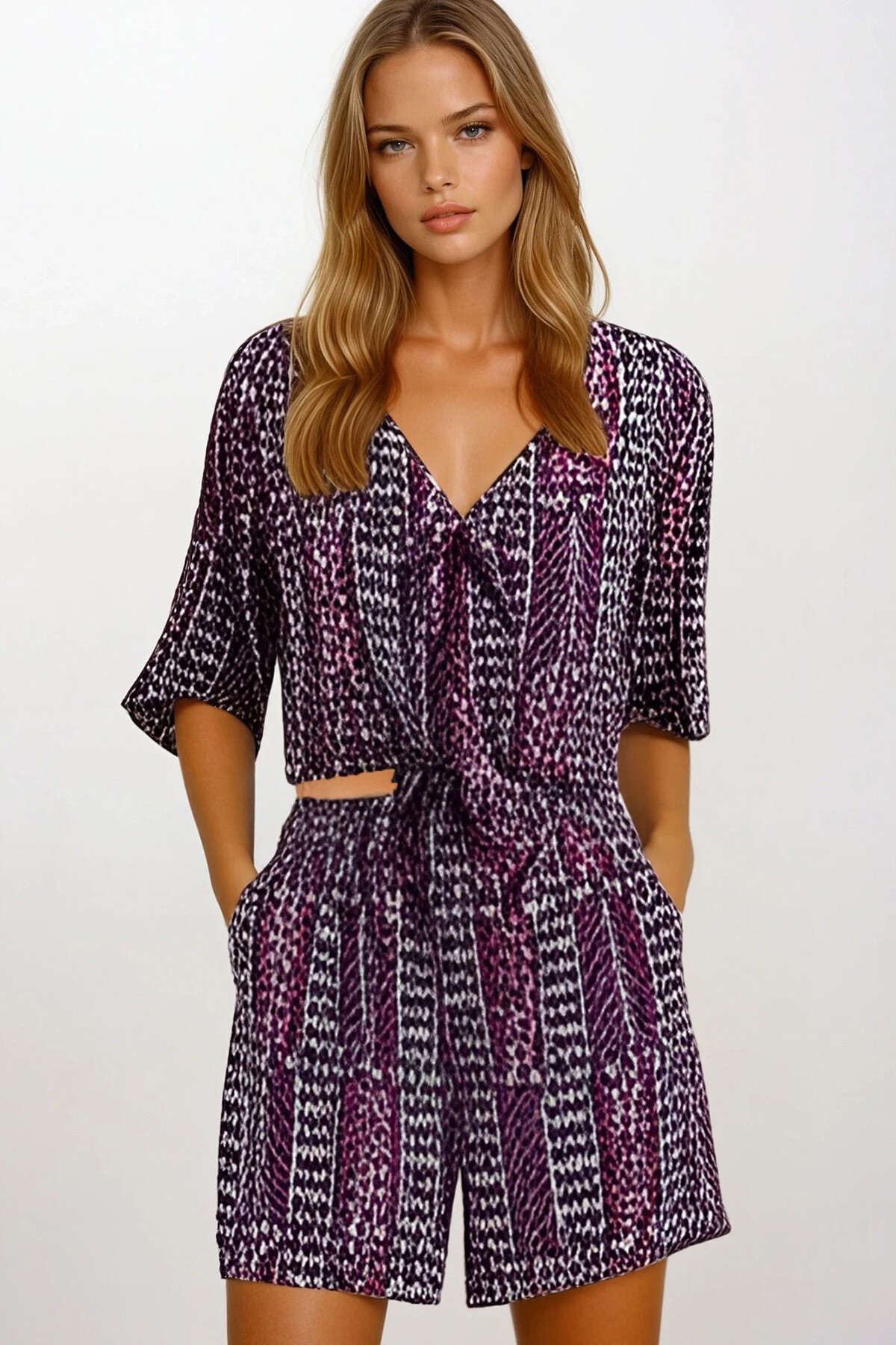 Mor Etnik Desenli Bağlamalı Bluz Ve Şort Takım