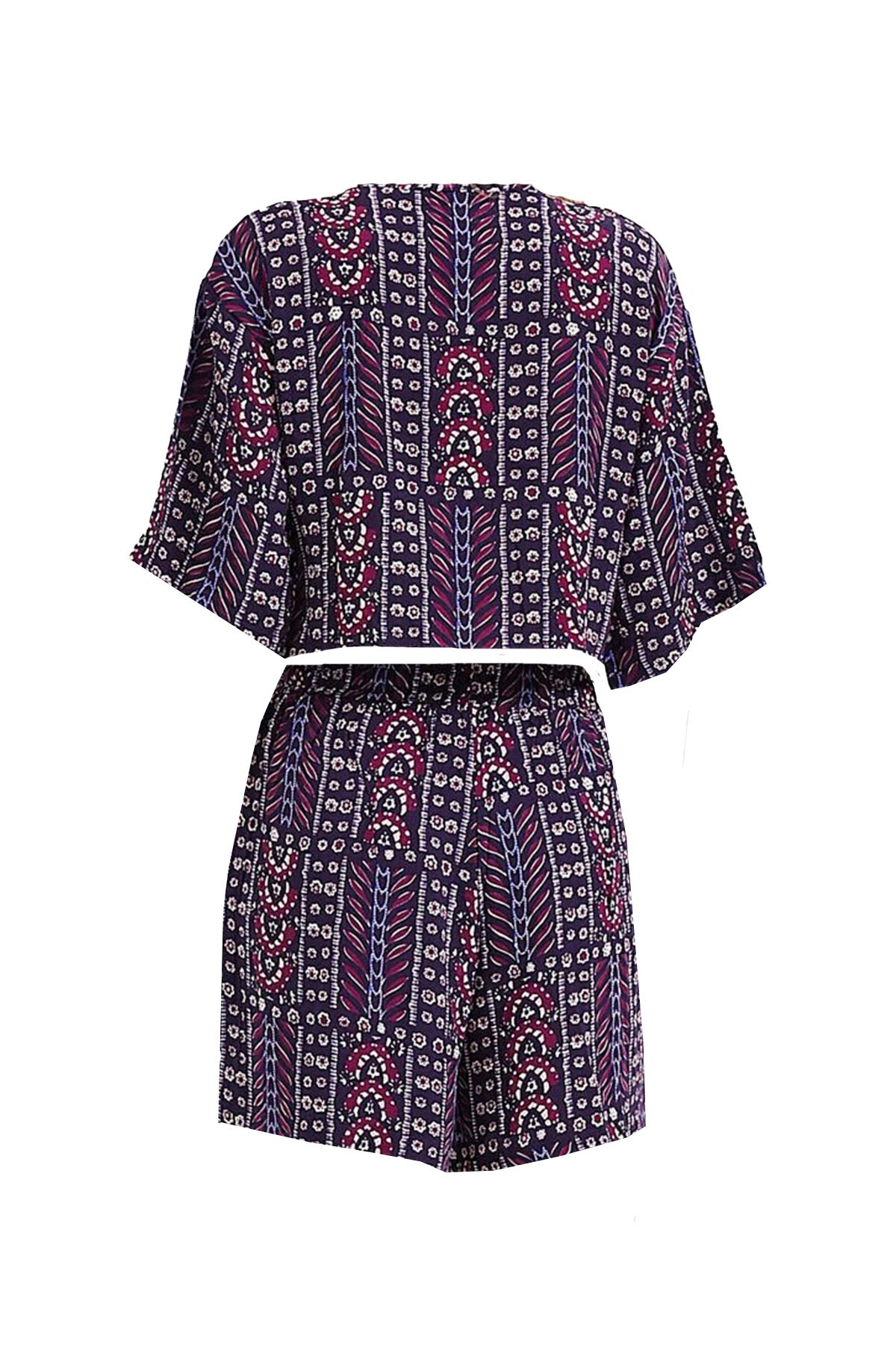 Mor Etnik Desenli Bağlamalı Bluz Ve Şort Takım