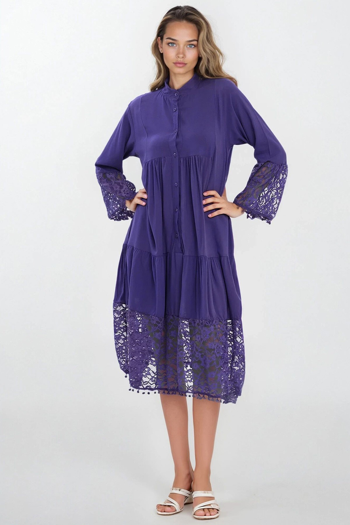 Mor Hakim Yaka Önü Düğmeli Dantelli Viskon Elbise