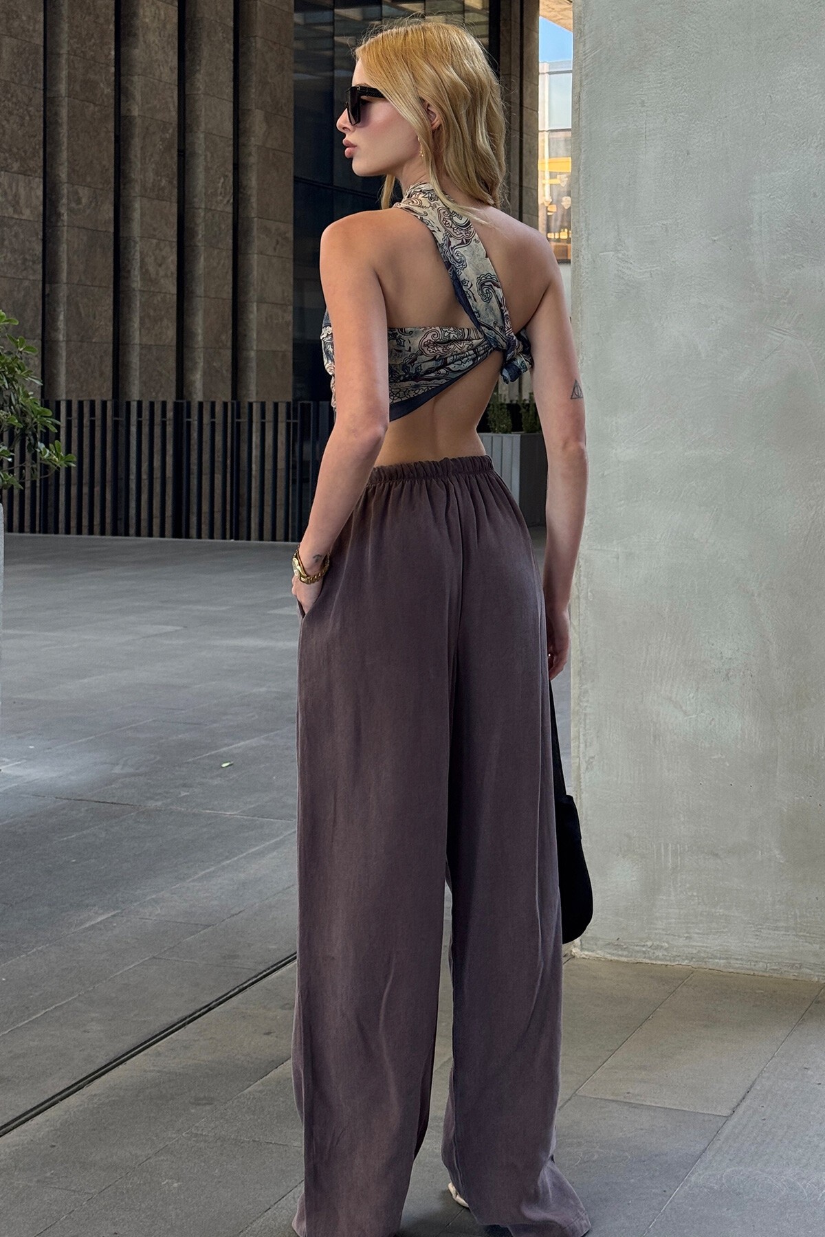 Mürdüm Beli Lastikli Palazzo Keten Pantolon