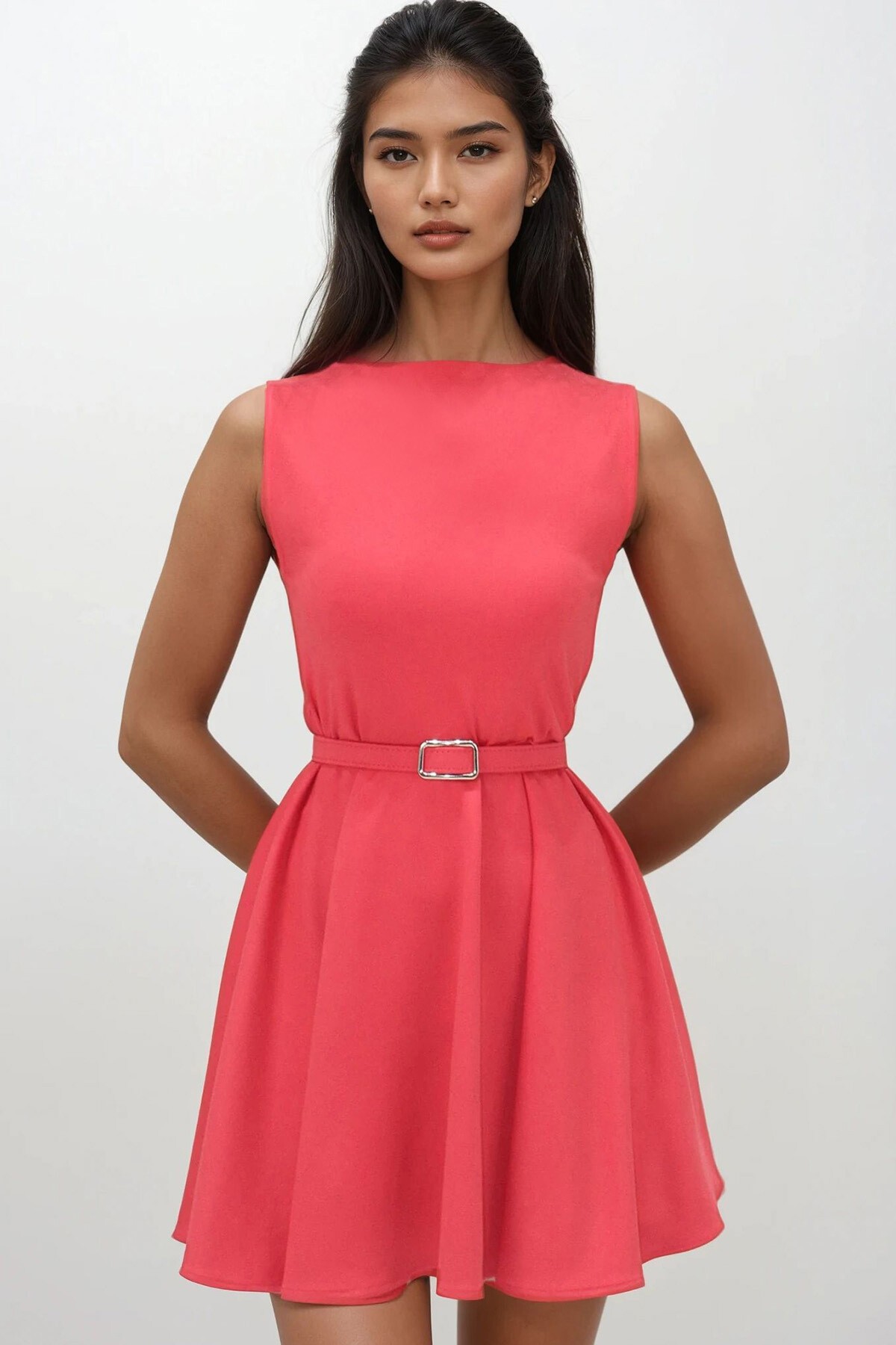 Nar Çiçeği Kayık Yaka Kendinden Kemerli Kolsuz Kloş Mini Elbise