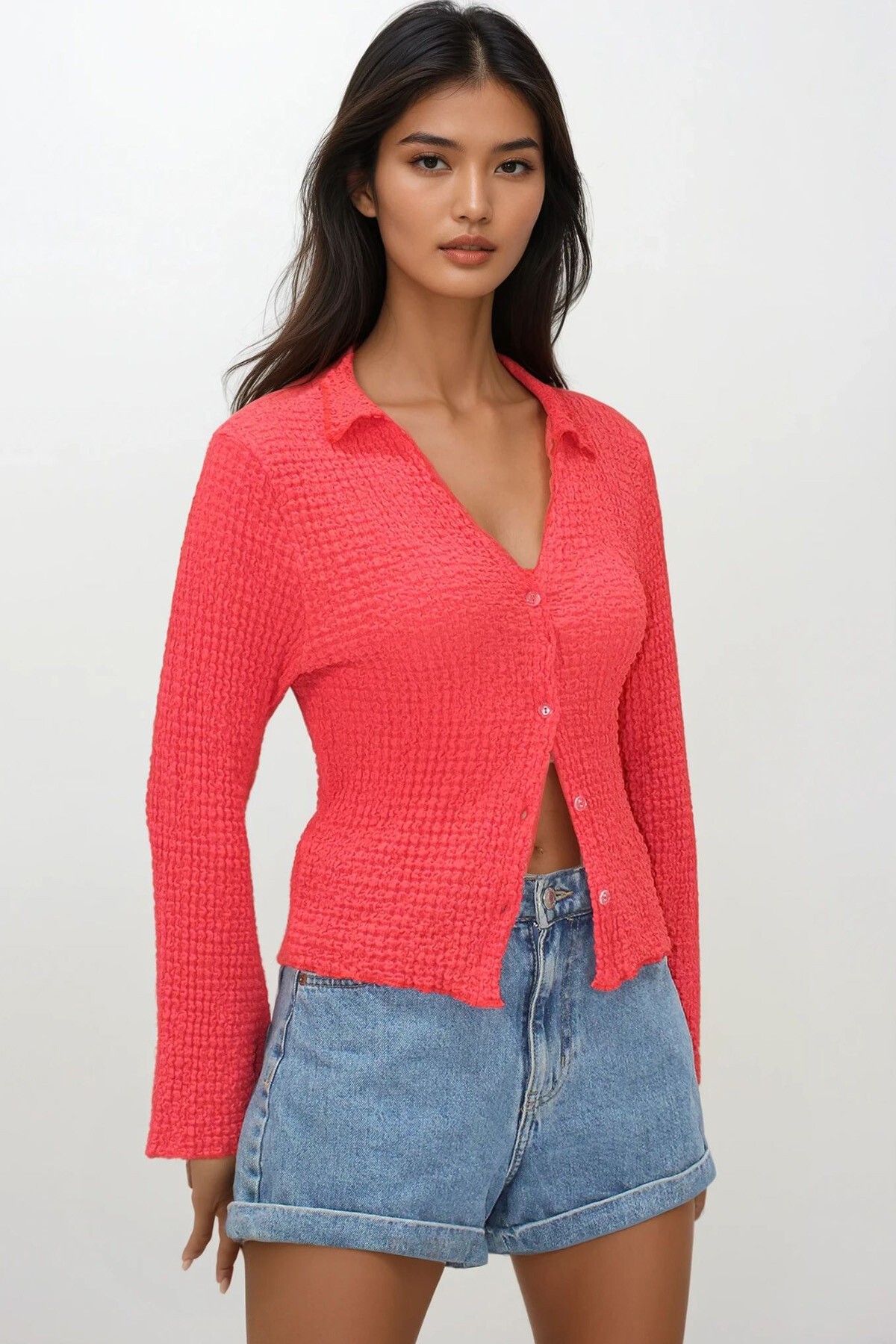 Nar Çiçeği V Yaka İspanyol Kollu Gofre Kumaş Yazlık Gömlek