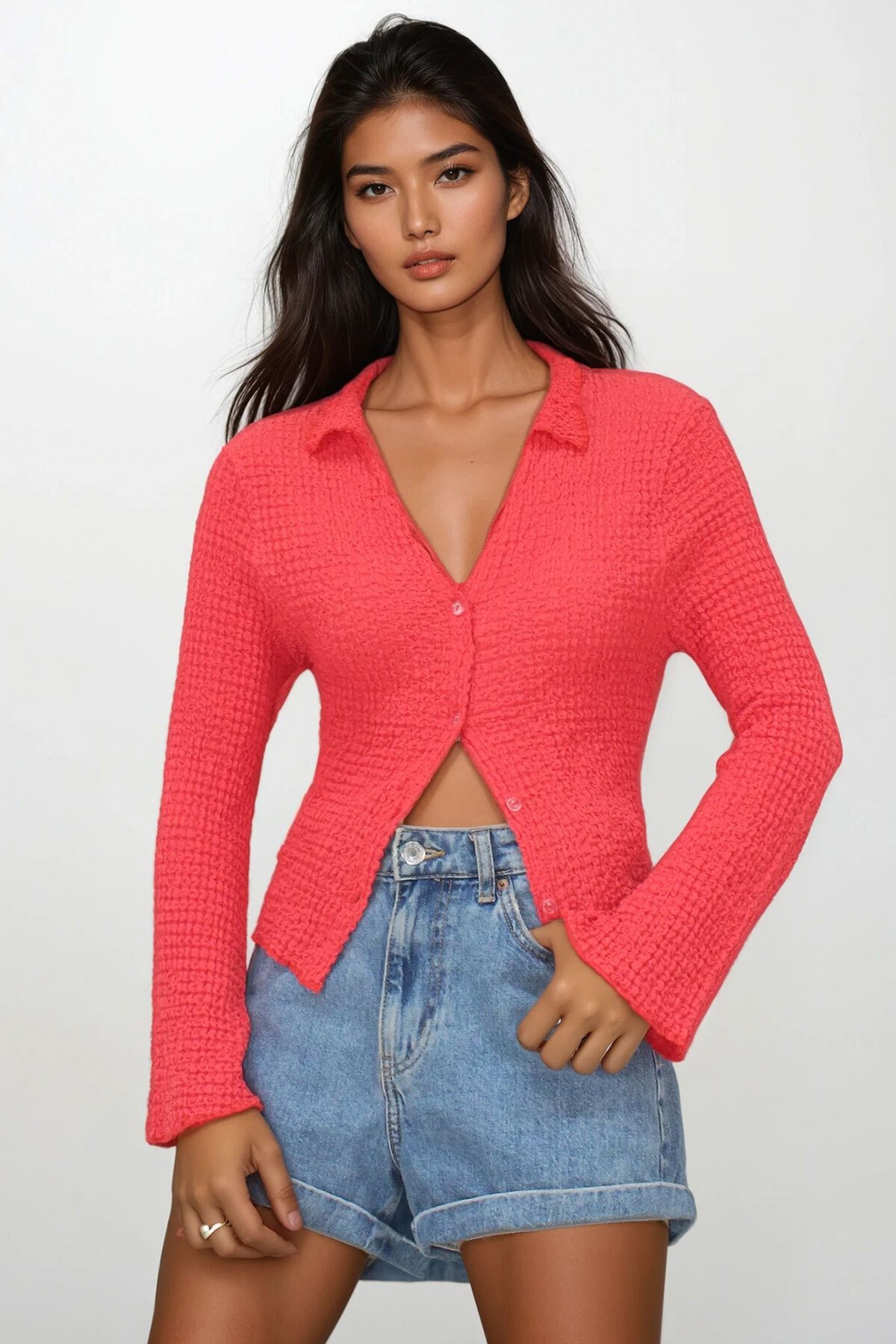 Nar Çiçeği V Yaka İspanyol Kollu Gofre Kumaş Yazlık Gömlek