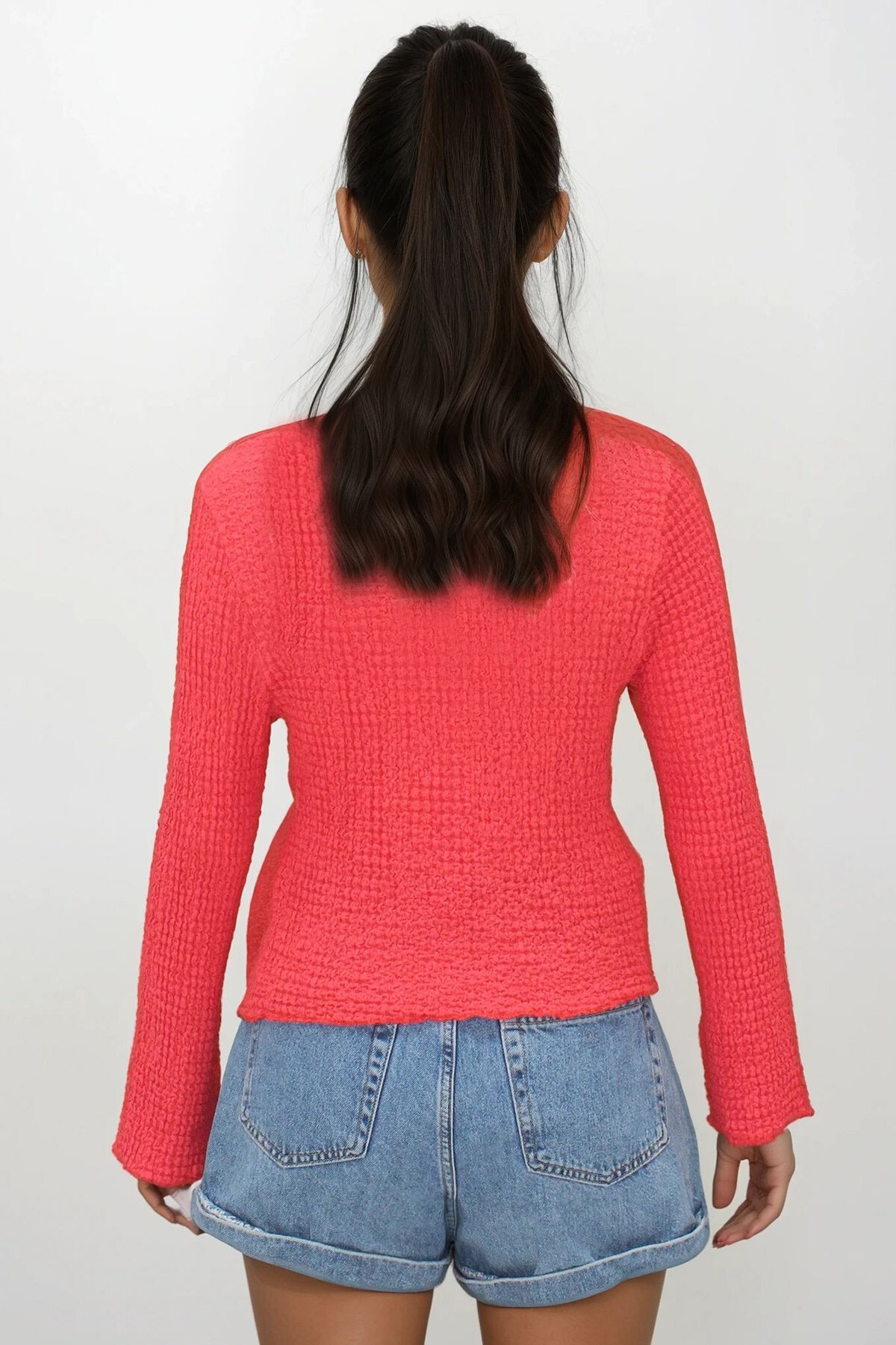 Nar Çiçeği V Yaka İspanyol Kollu Gofre Kumaş Yazlık Gömlek