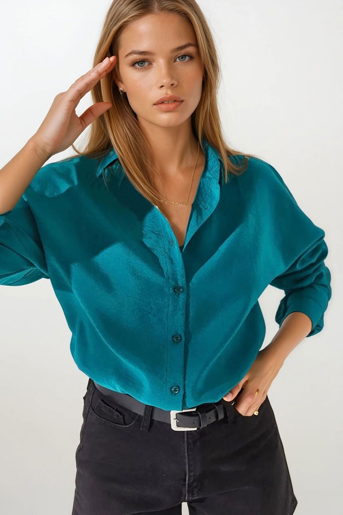 Petrol Yeşili Oversize Basic Gömlek