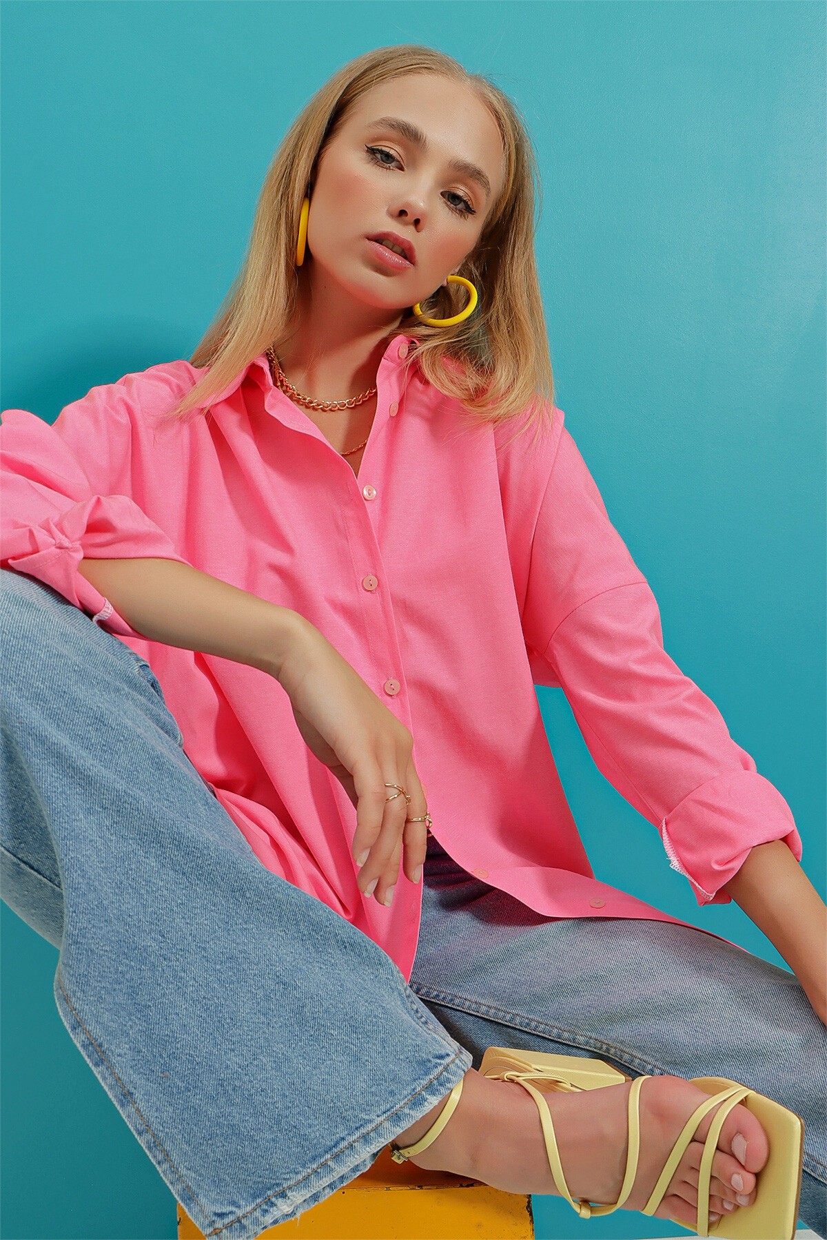 Sıcak Pembe Oversize Uzun Dokuma Gömlek