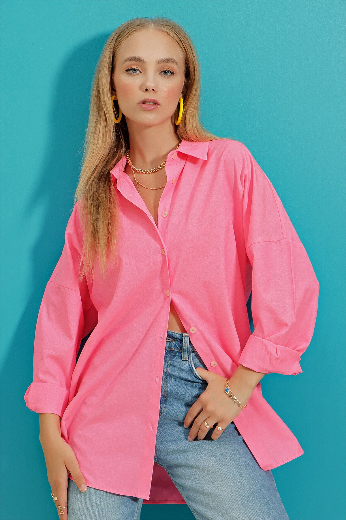 Sıcak Pembe Oversize Uzun Dokuma Gömlek
