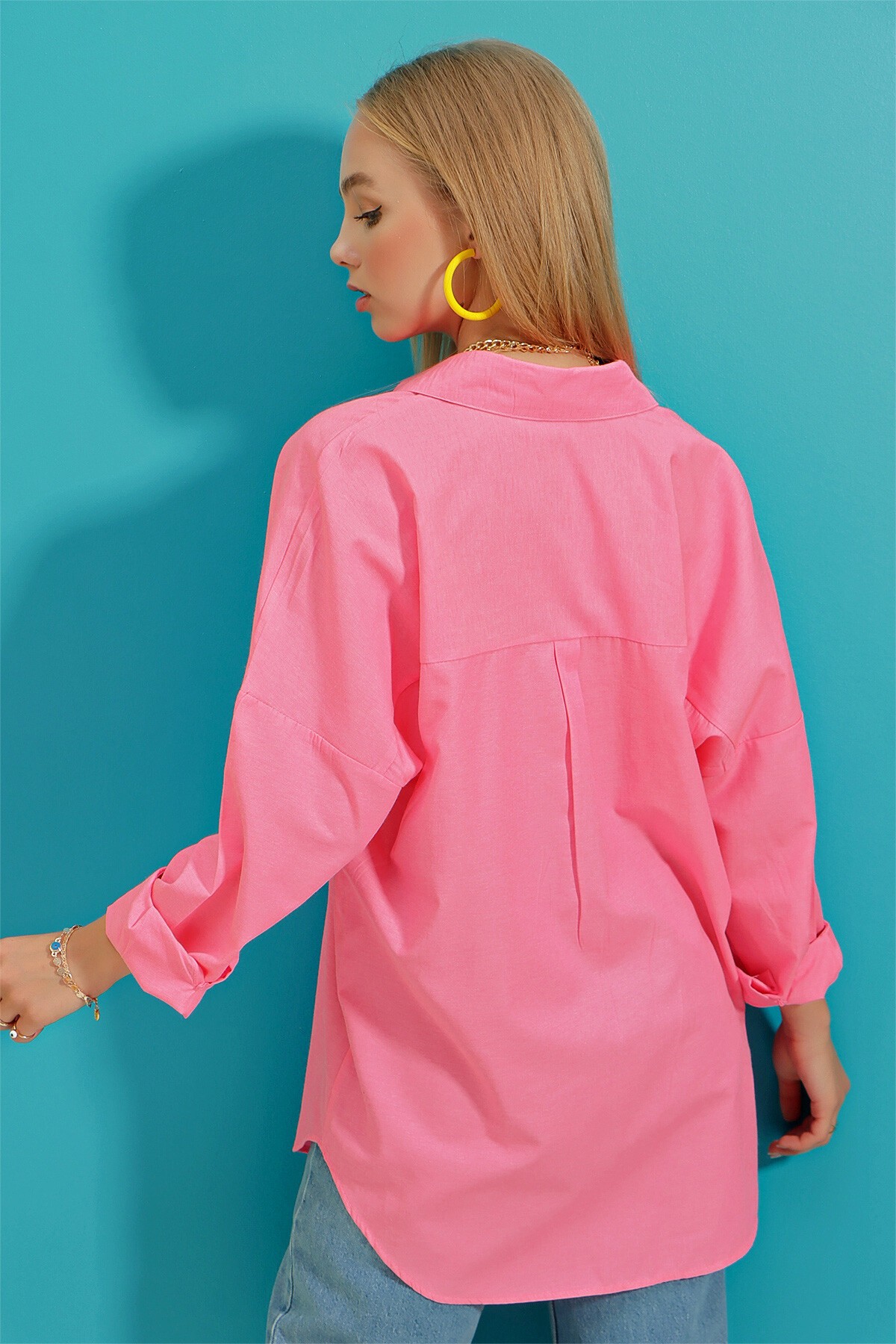 Sıcak Pembe Oversize Uzun Dokuma Gömlek