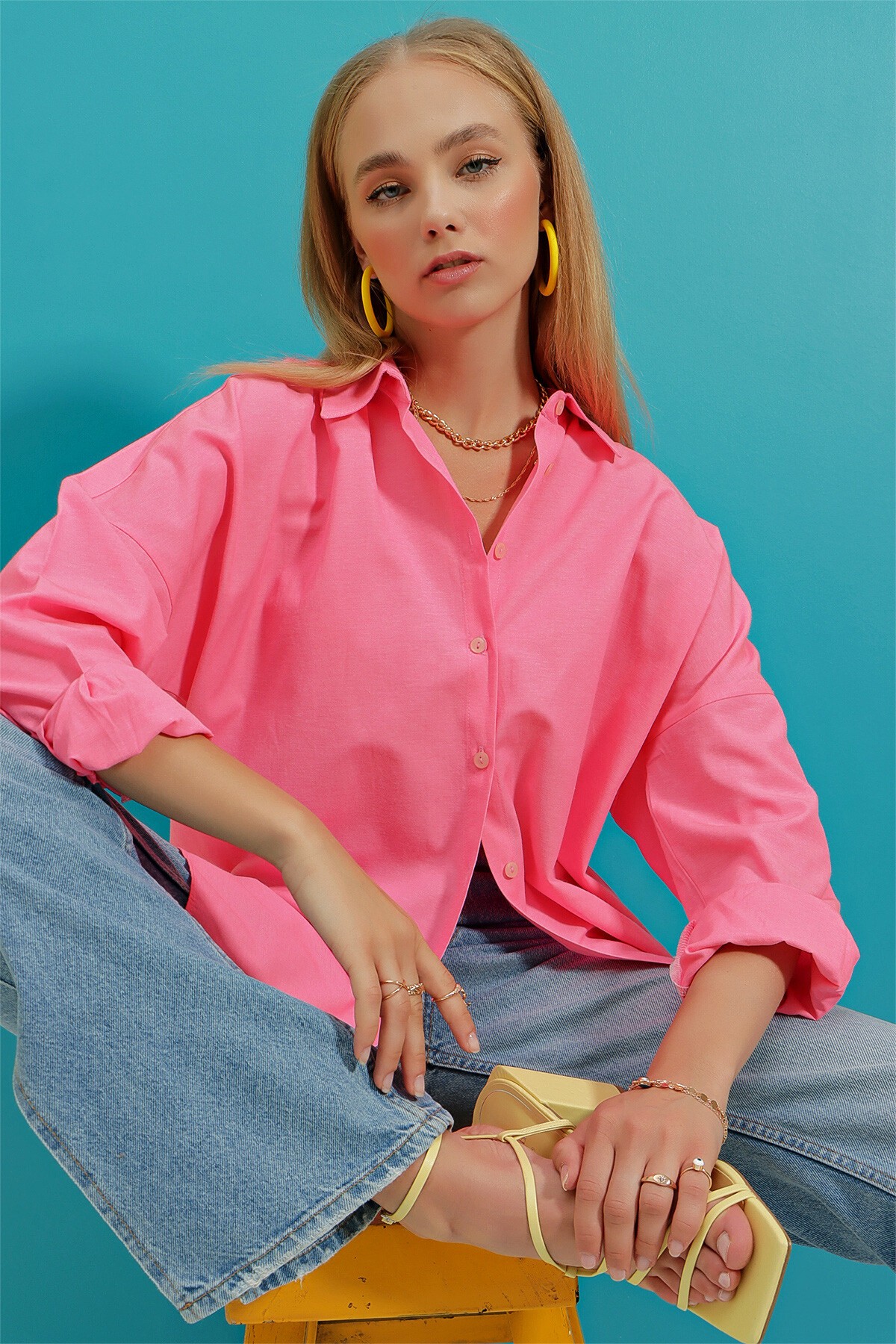 Sıcak Pembe Oversize Uzun Dokuma Gömlek