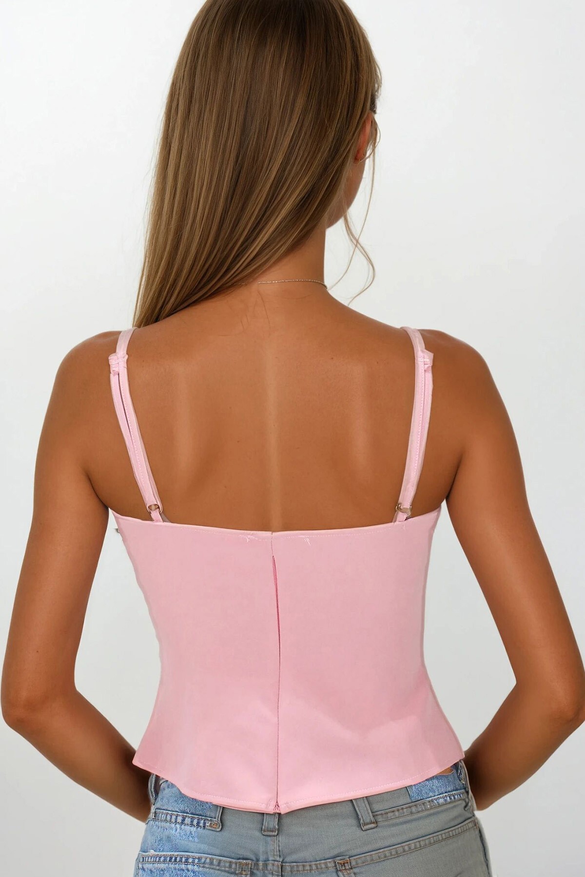 Pembe Ayarlanabilir İp Askılı Fiyonk Detaylı Fermuar Kapamalı Bluz