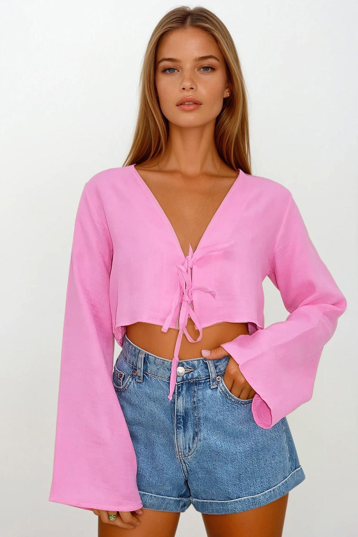 Pembe Bağlama Detaylı Crop Müslin Bluz