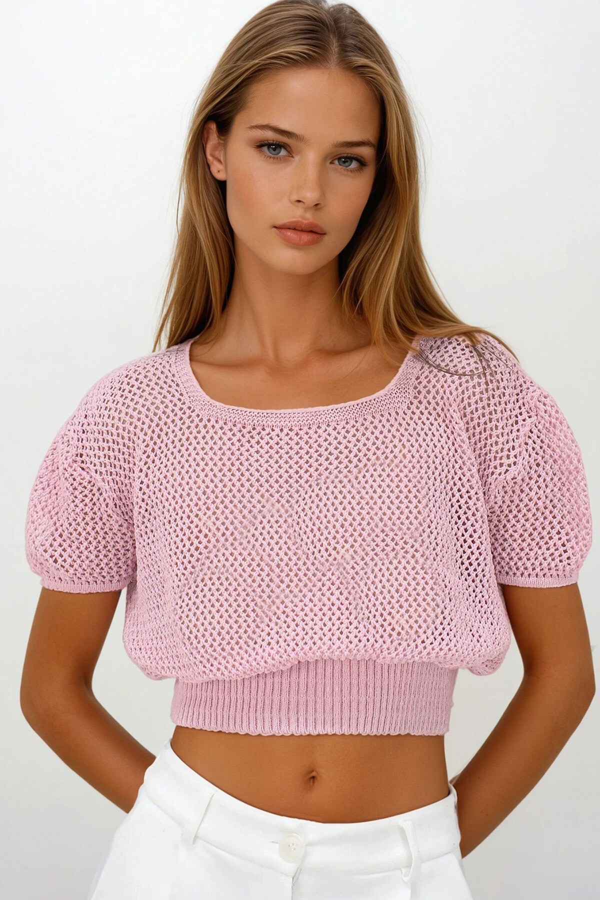 Pembe Beli Gipeli Ajurlu Crop Bluz