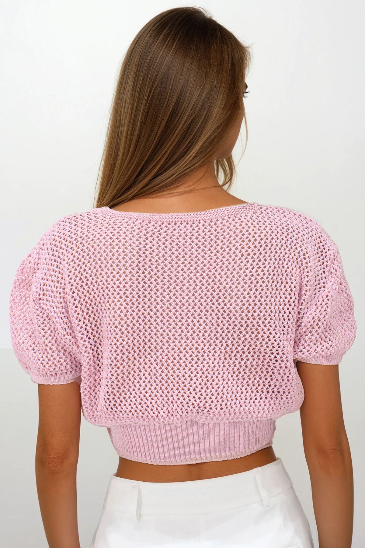 Pembe Beli Gipeli Ajurlu Crop Bluz