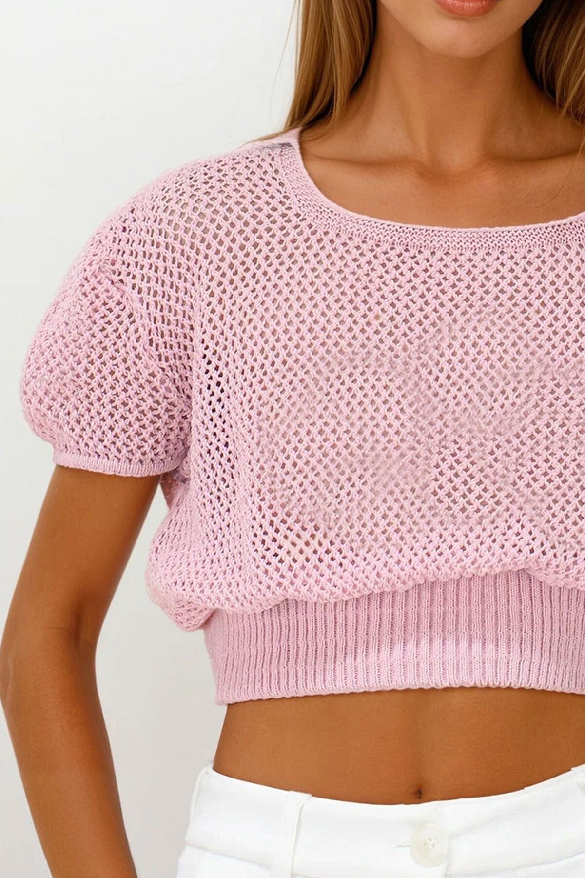 Pembe Beli Gipeli Ajurlu Crop Bluz