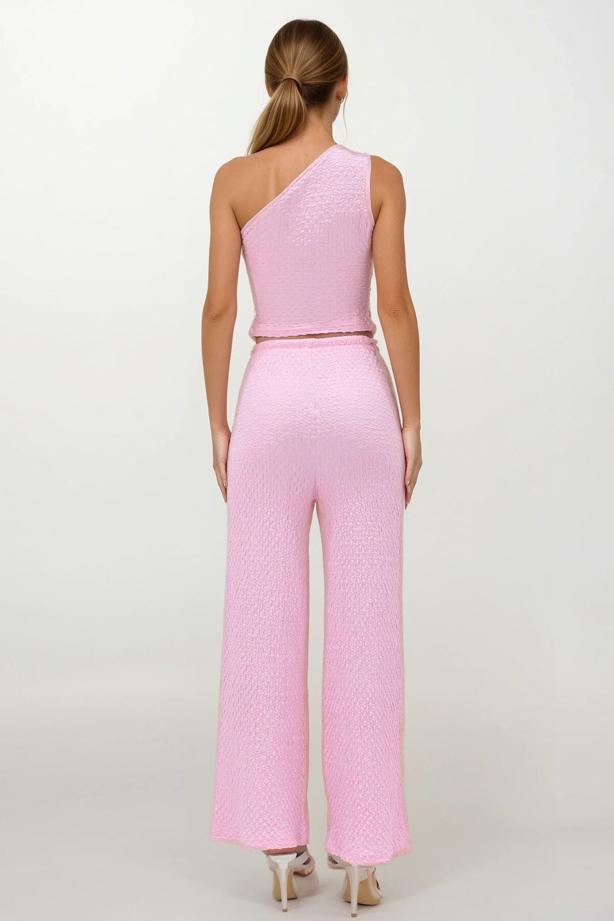 Pembe Beli İpli Ve Lastikli Çift Cepli Pantolon Ve Tek Omuz Bluz Takım