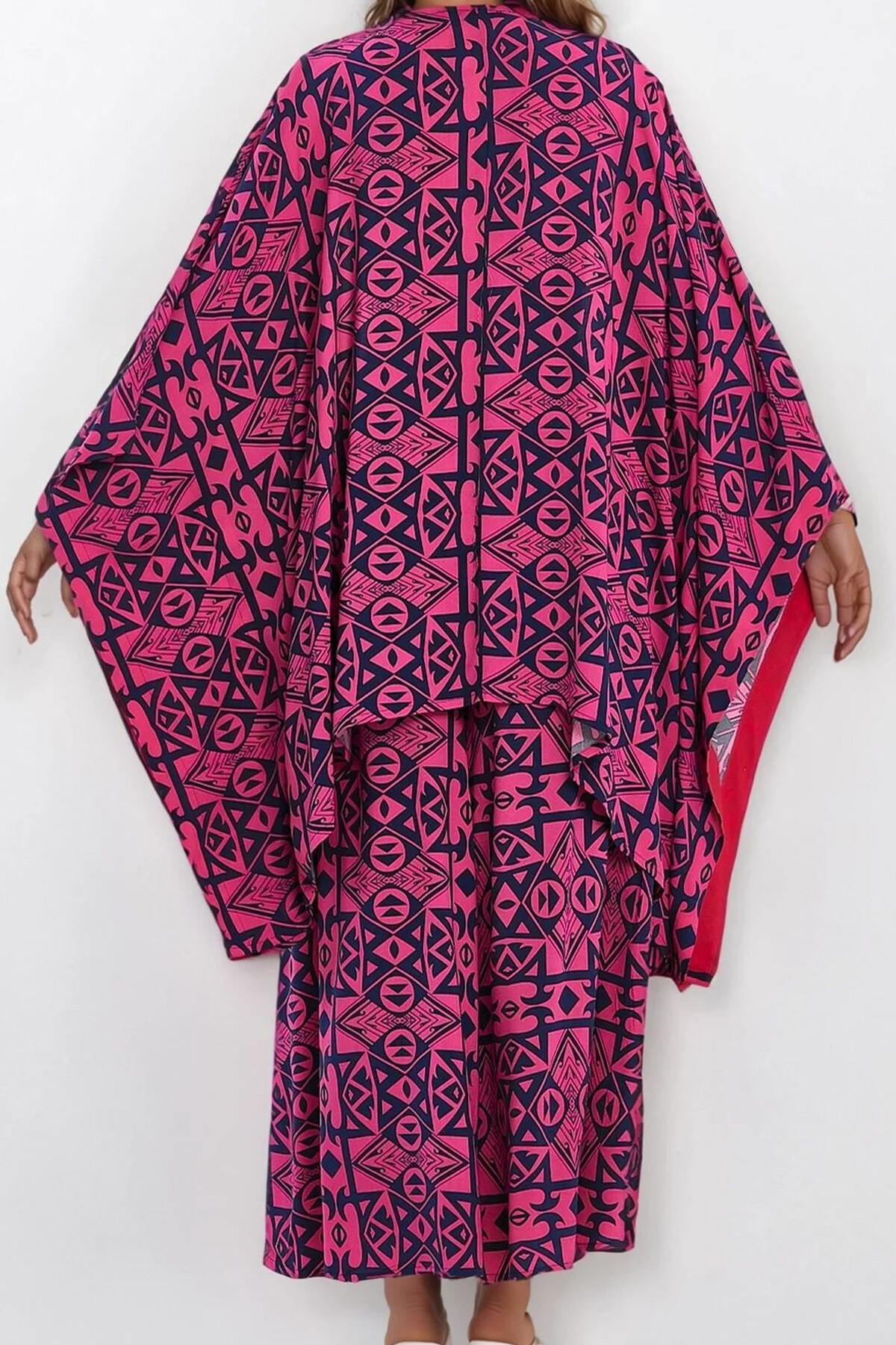 Pembe Beli Lastikli Cepli Pantolon Ve Büyük Beden Viskon Takım