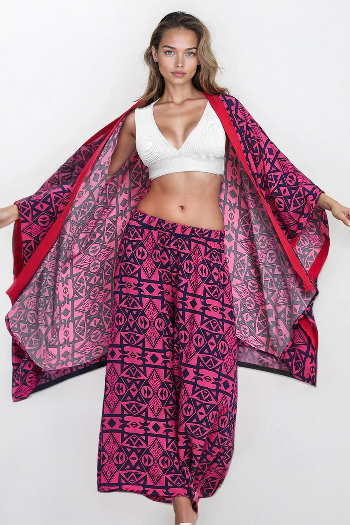 Pembe Beli Lastikli Cepli Pantolon Ve Büyük Beden Viskon Takım