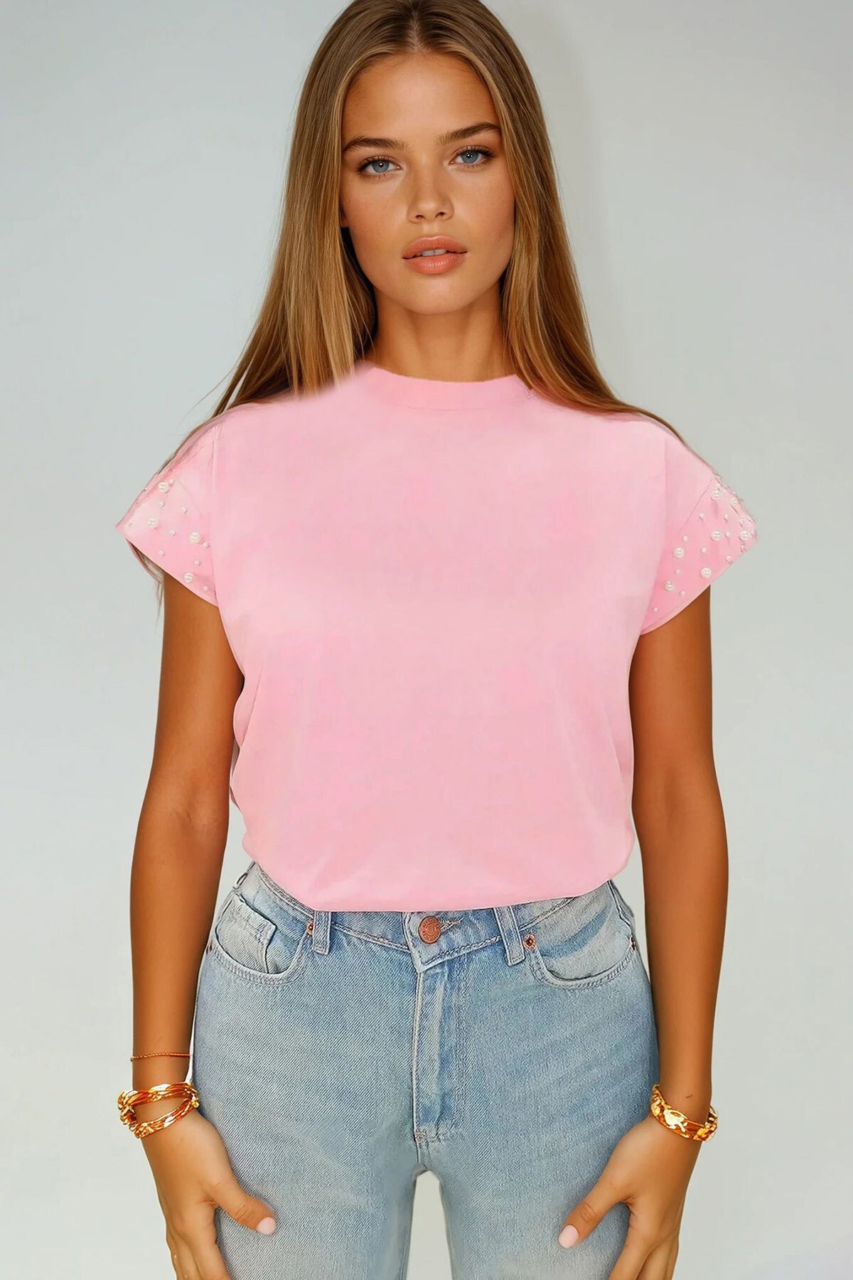 Pembe Bisiklet Yaka İnci Çakımlı Kolsuz  Bluz