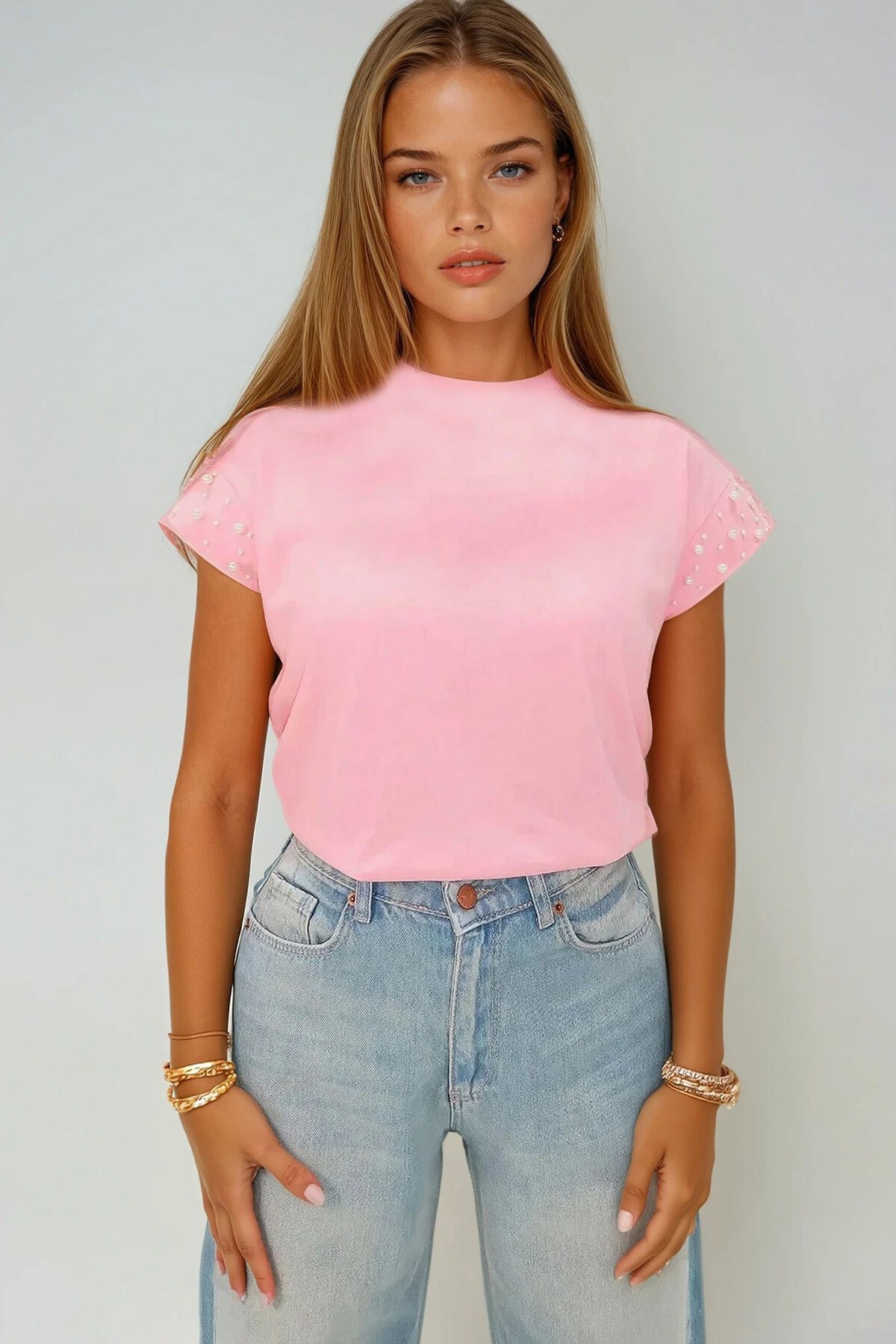 Pembe Bisiklet Yaka İnci Çakımlı Kolsuz  Bluz