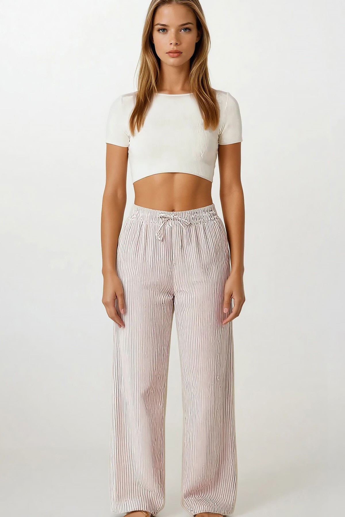 Pembe Çift Cepli Çizgili Müslin Palazzo Pantolon