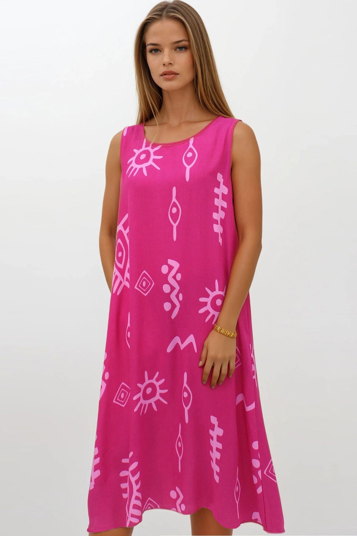 Pembe Desenli Çift Cepli Kolsuz Rahat Kesim Elbise