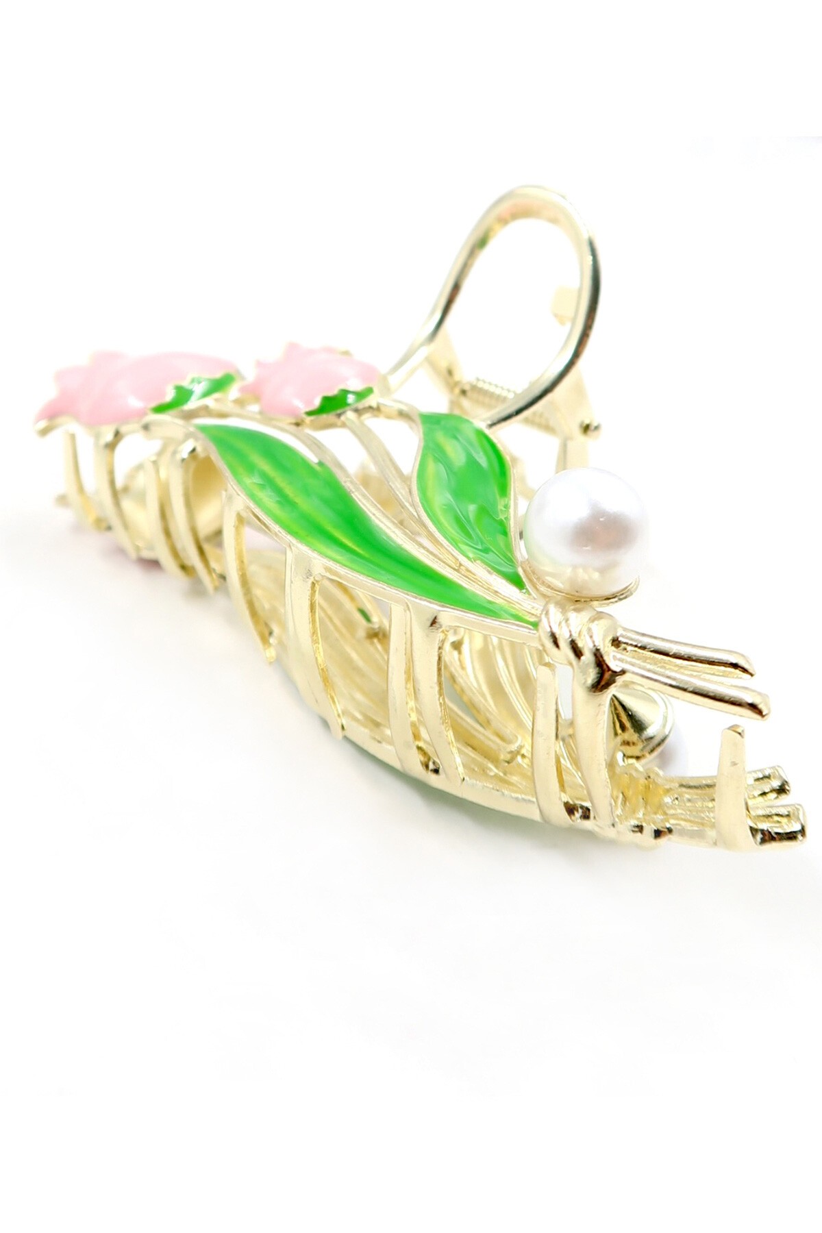 Pembe Kabartlı Mineli İncili Lale Saç Tokası