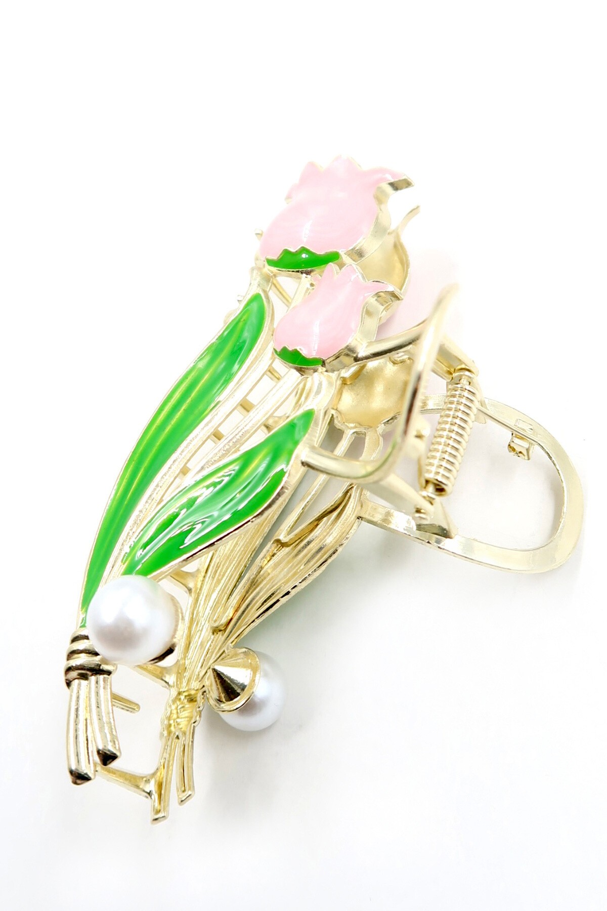 Pembe Kabartlı Mineli İncili Lale Saç Tokası