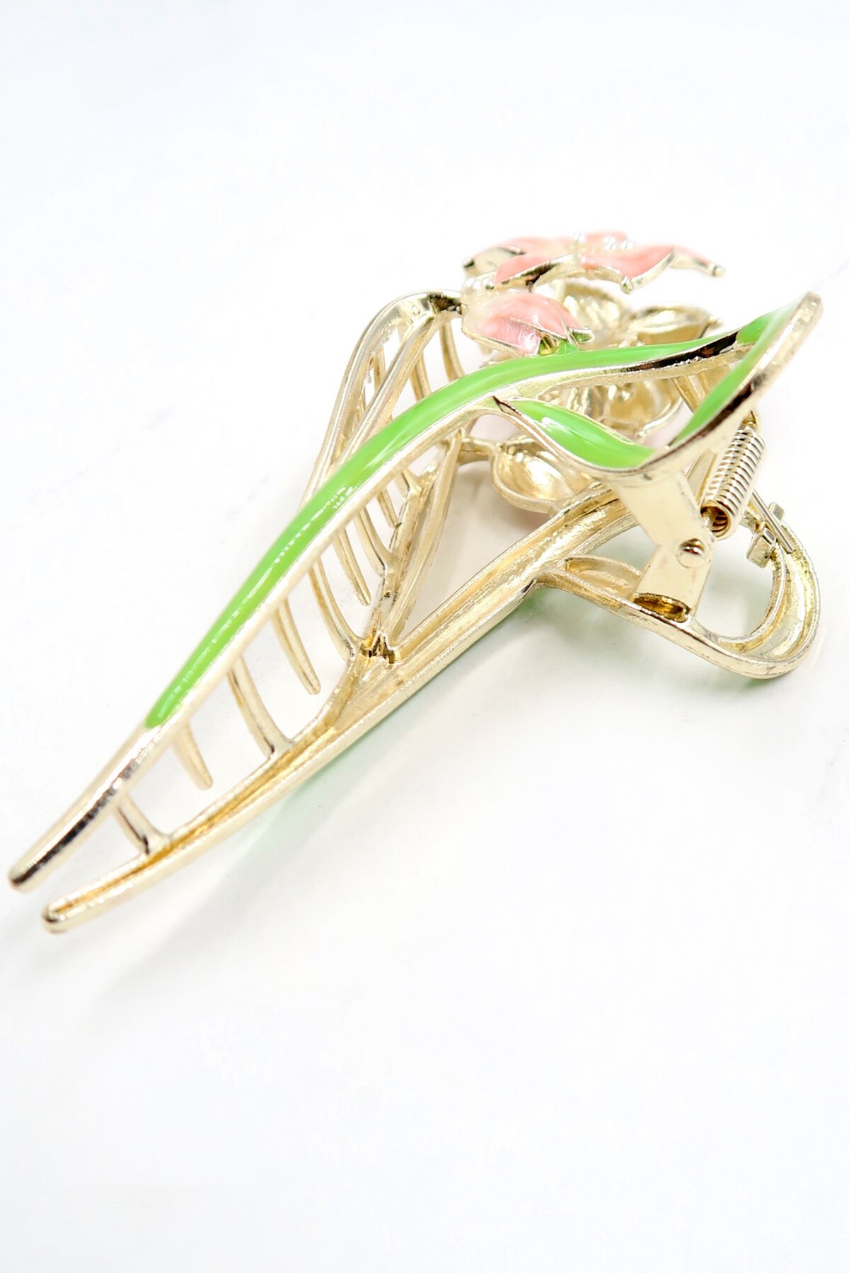 Pembe Kabartmalı Mineli Çiçek Motifli Mini İncili Saç Tokası