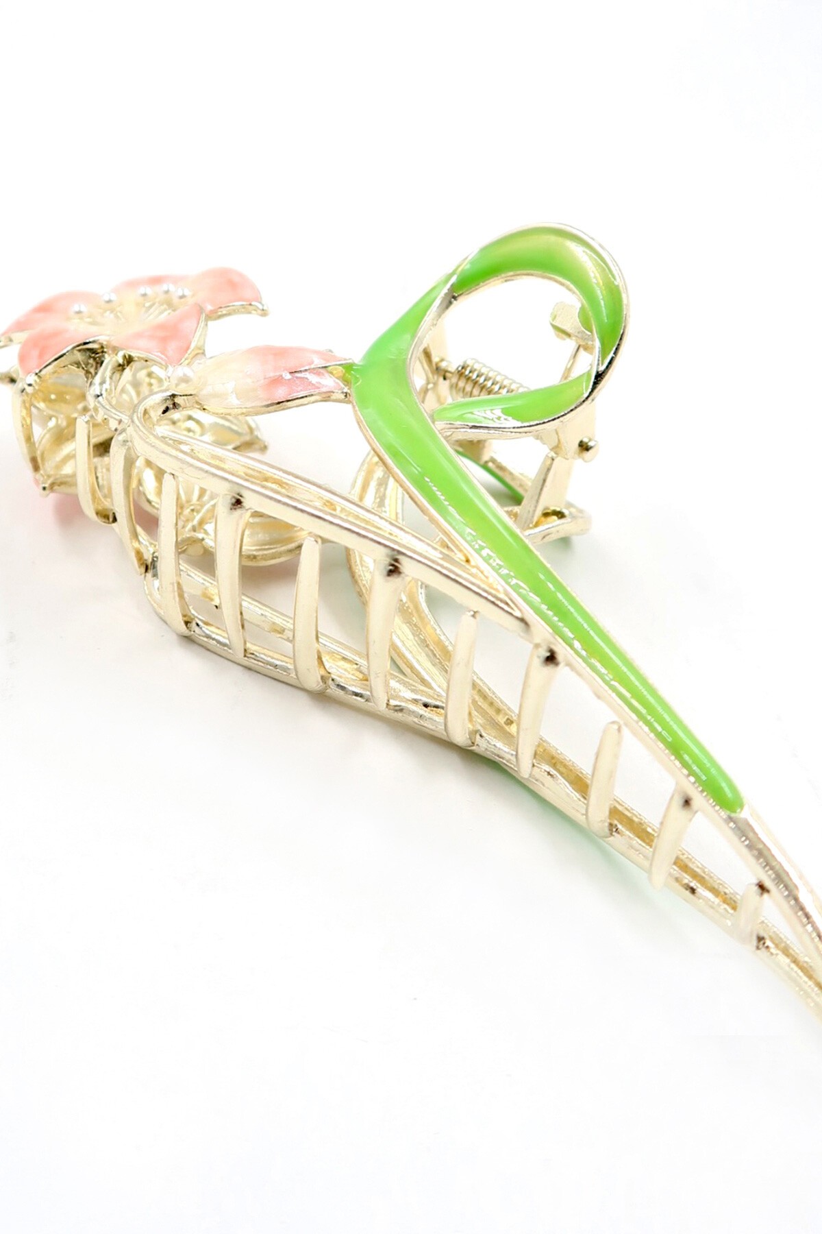 Pembe Kabartmalı Mineli Çiçek Motifli Mini İncili Saç Tokası