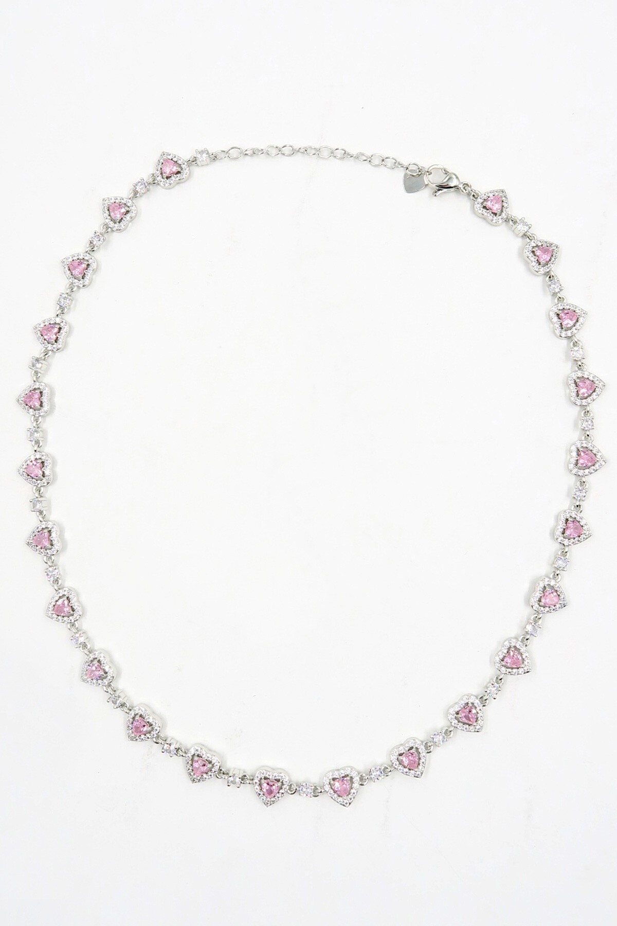 Pembe Karışık Kesimli Zirkon Taşlı Kalp Tasarım Kolye