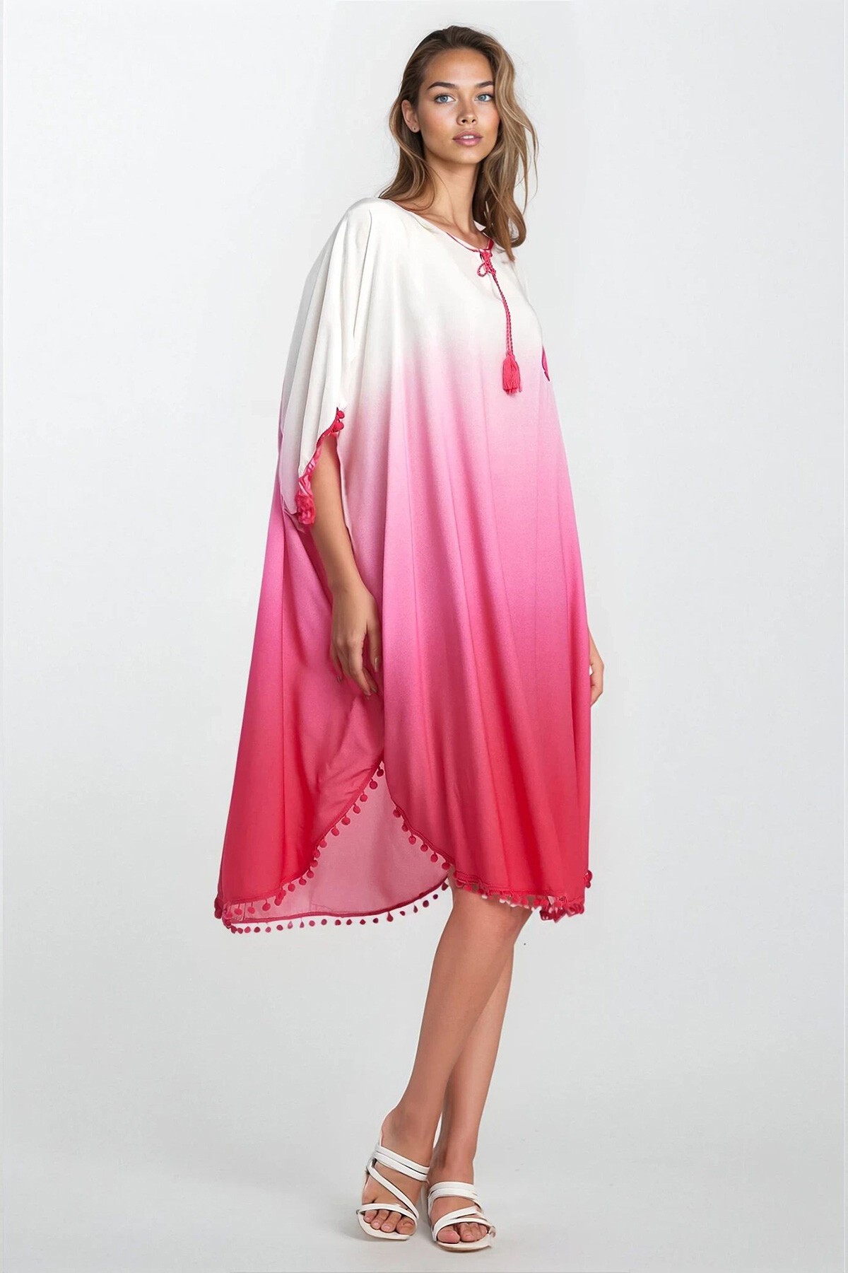 Pembe Kayık Yaka Püsküllü Büyük Beden Viskon Elbise