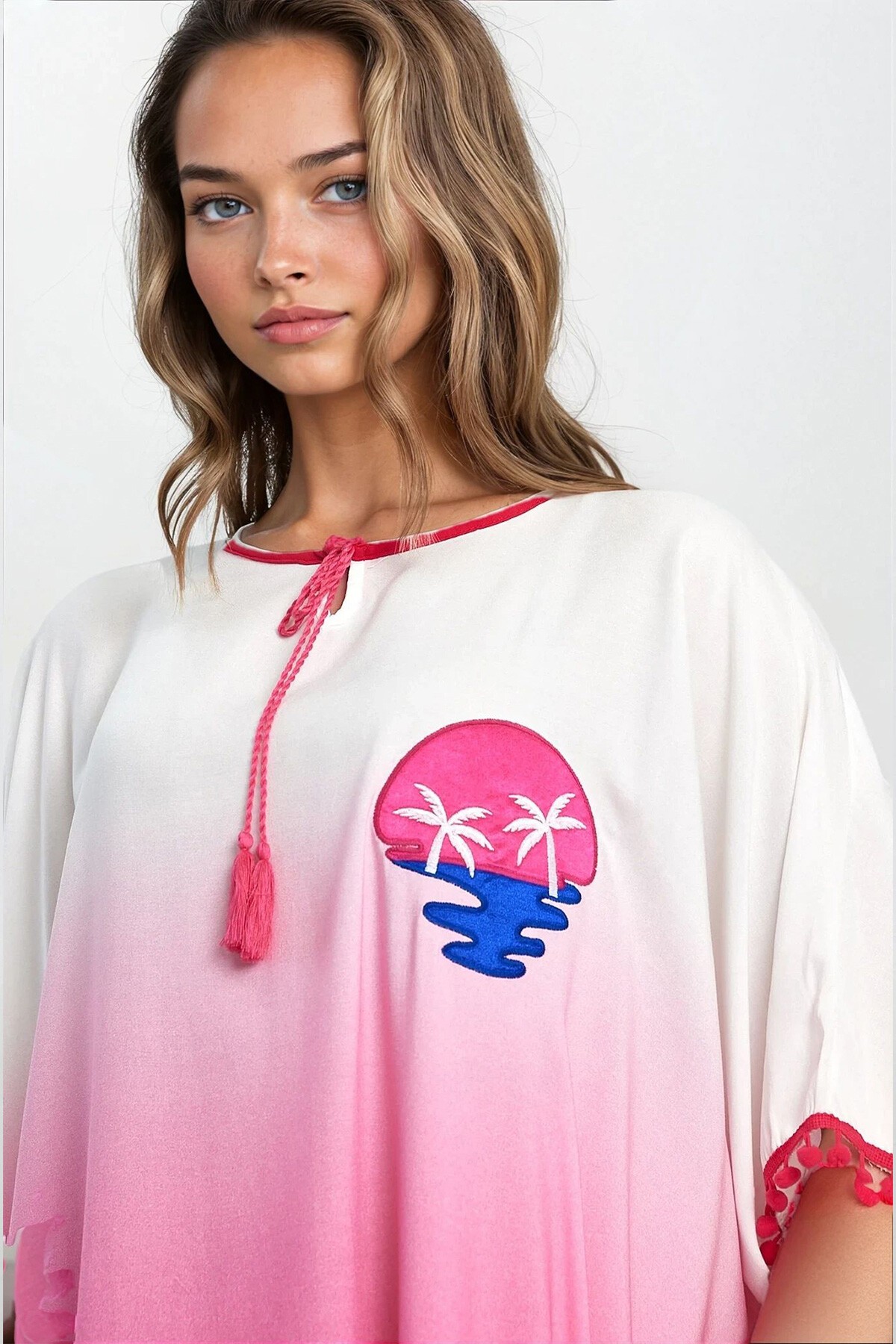 Pembe Kayık Yaka Püsküllü Büyük Beden Viskon Elbise